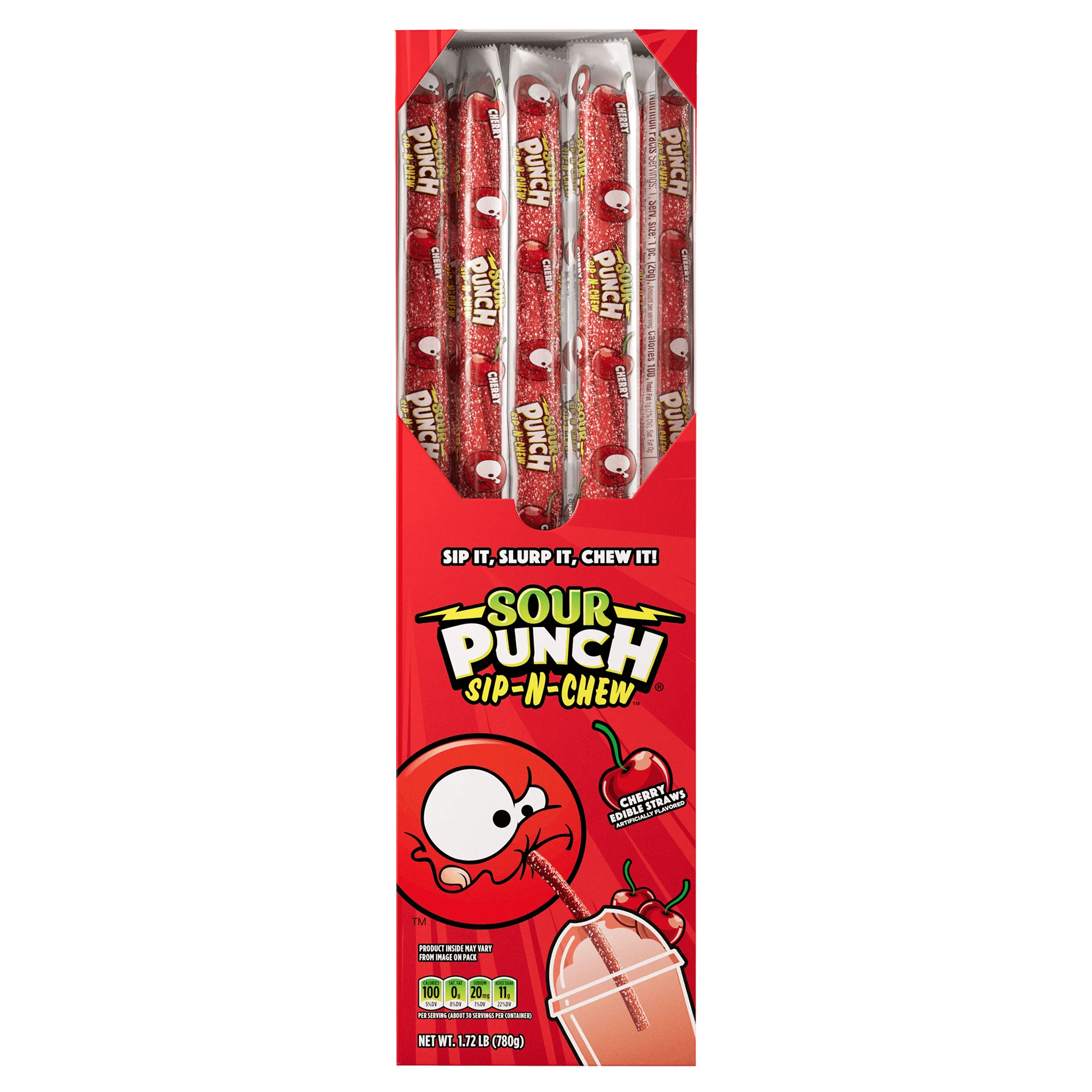 Front of Sour Punch Cherry Sip-N-Chewy Straws 30-count Caddy