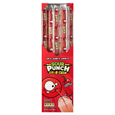 Front of Sour Punch Cherry Sip-N-Chewy Straws 30-count Caddy