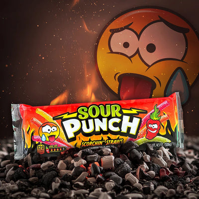 Sour Punch Scorchin' Straws Tray on a bed of hot coals with a sweating and panting punchie in the background