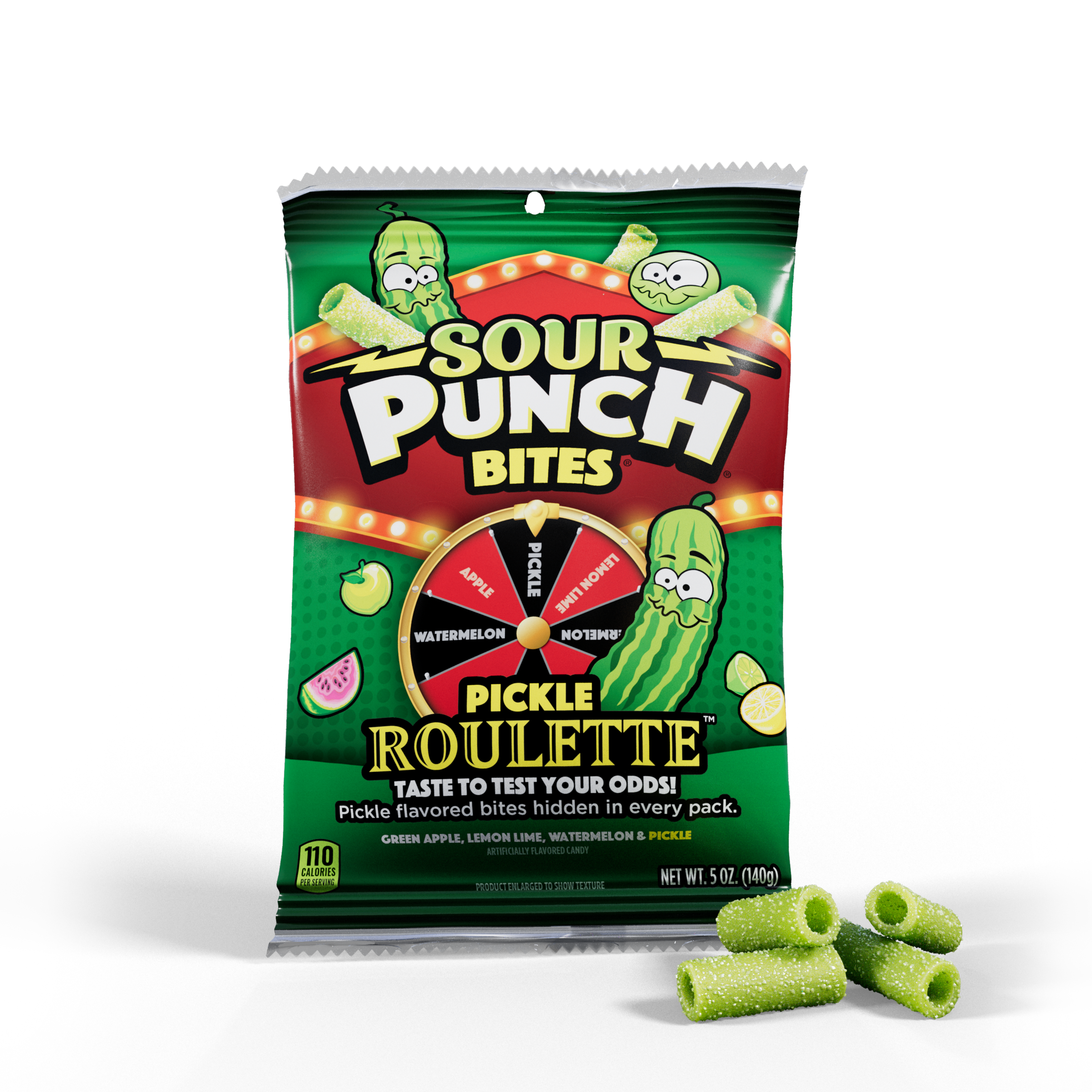 SOUR PUNCH Pickle Roulette Bites - Pickle Candy Bites - Front of Pack with bites in front of the bag