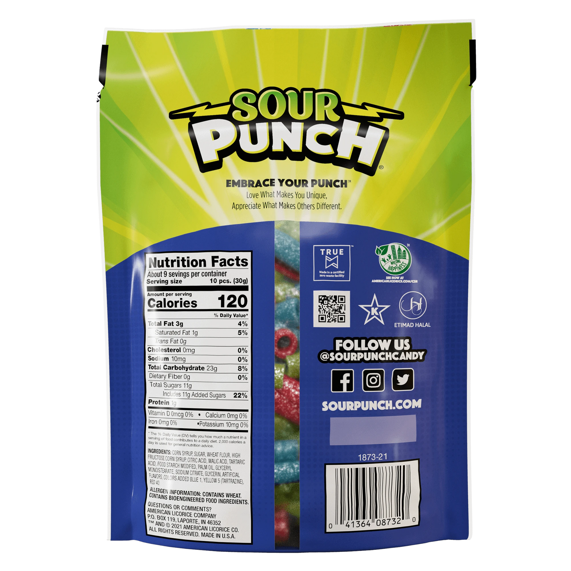 Back of Sour Punch Bites Share Size Bag of Assorted Sour Candy Straw Pieces