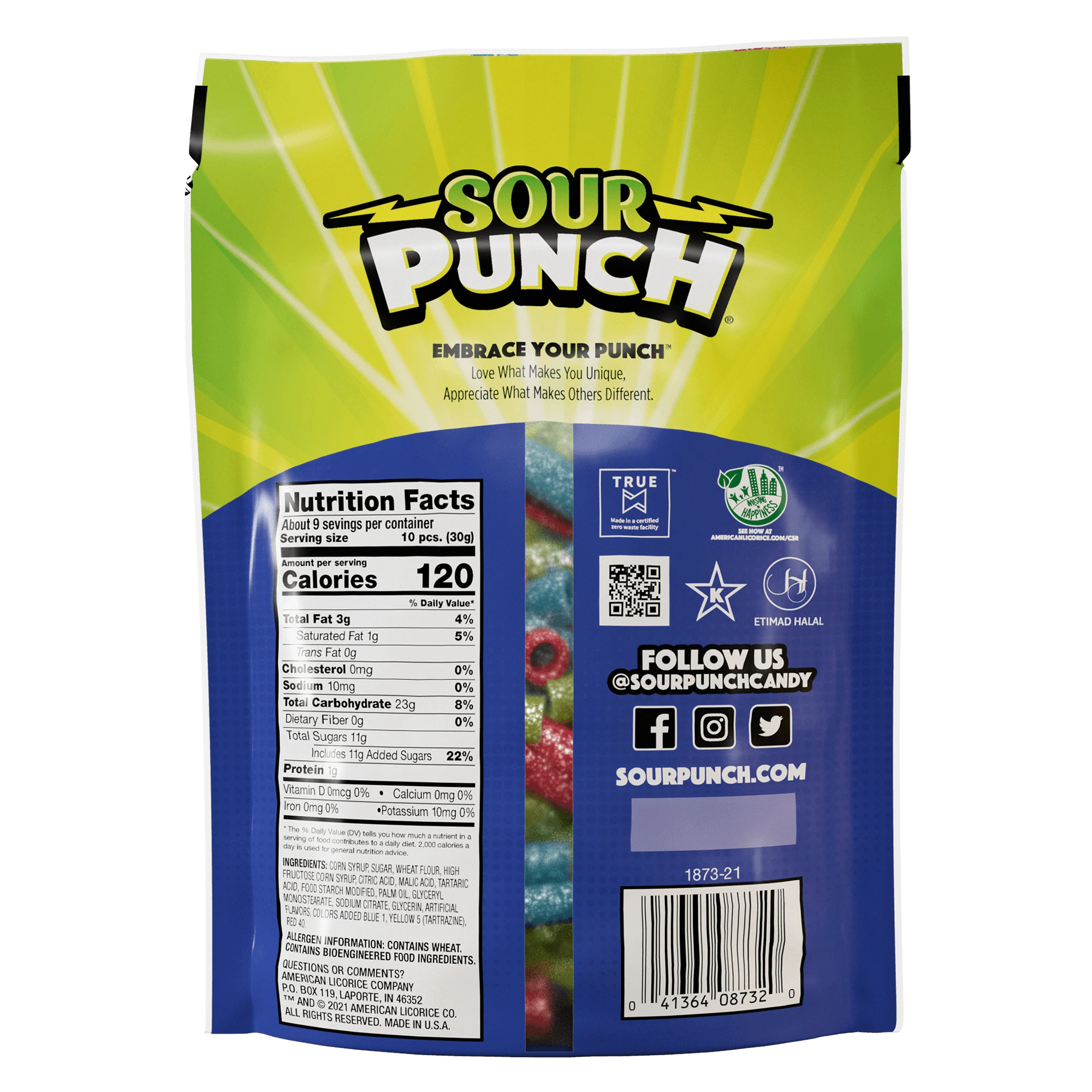Back of Sour Punch Bites Share Size Bag of Assorted Sour Candy Straw Pieces