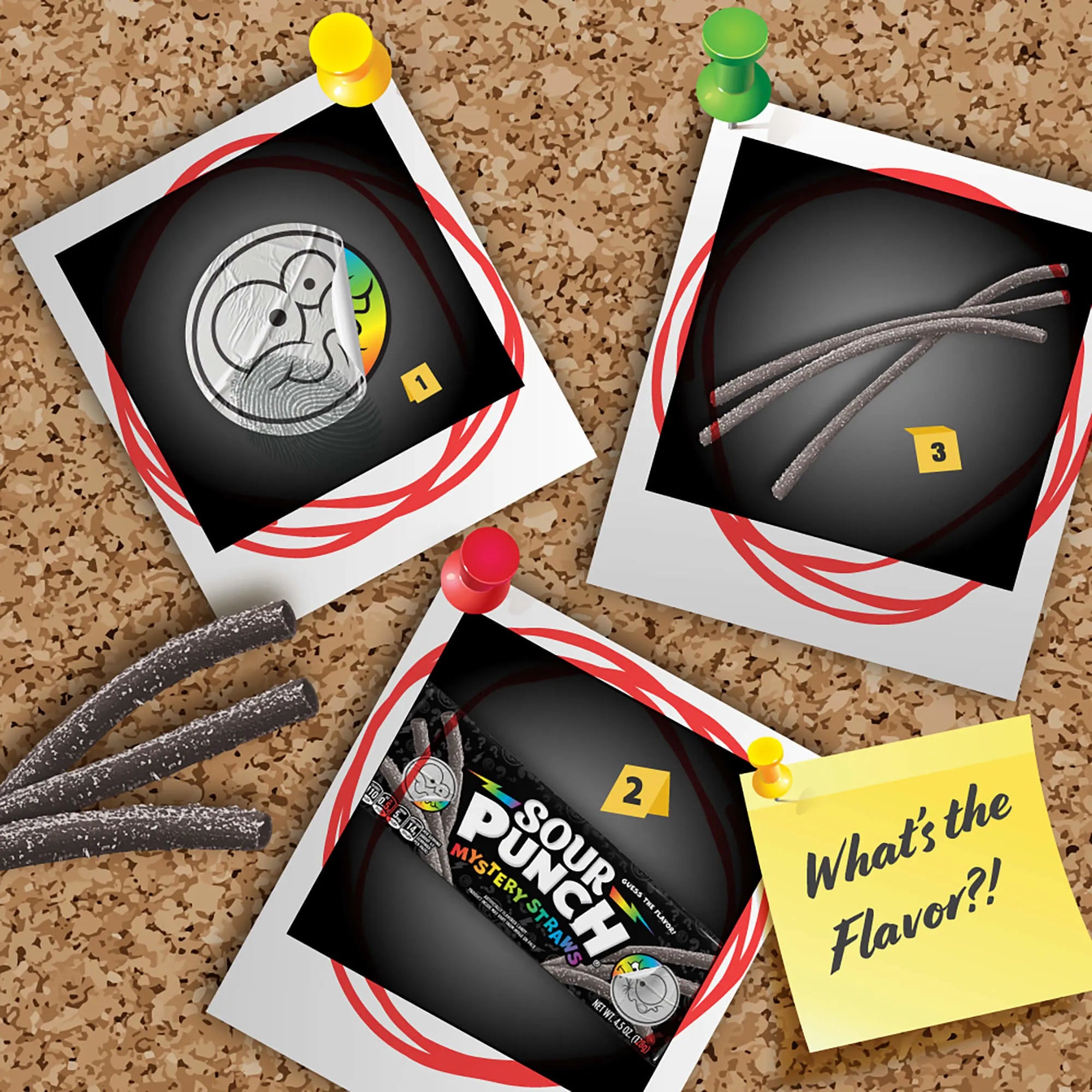 Sour Punch Mystery Straws mystery flavored candy on a suspect board