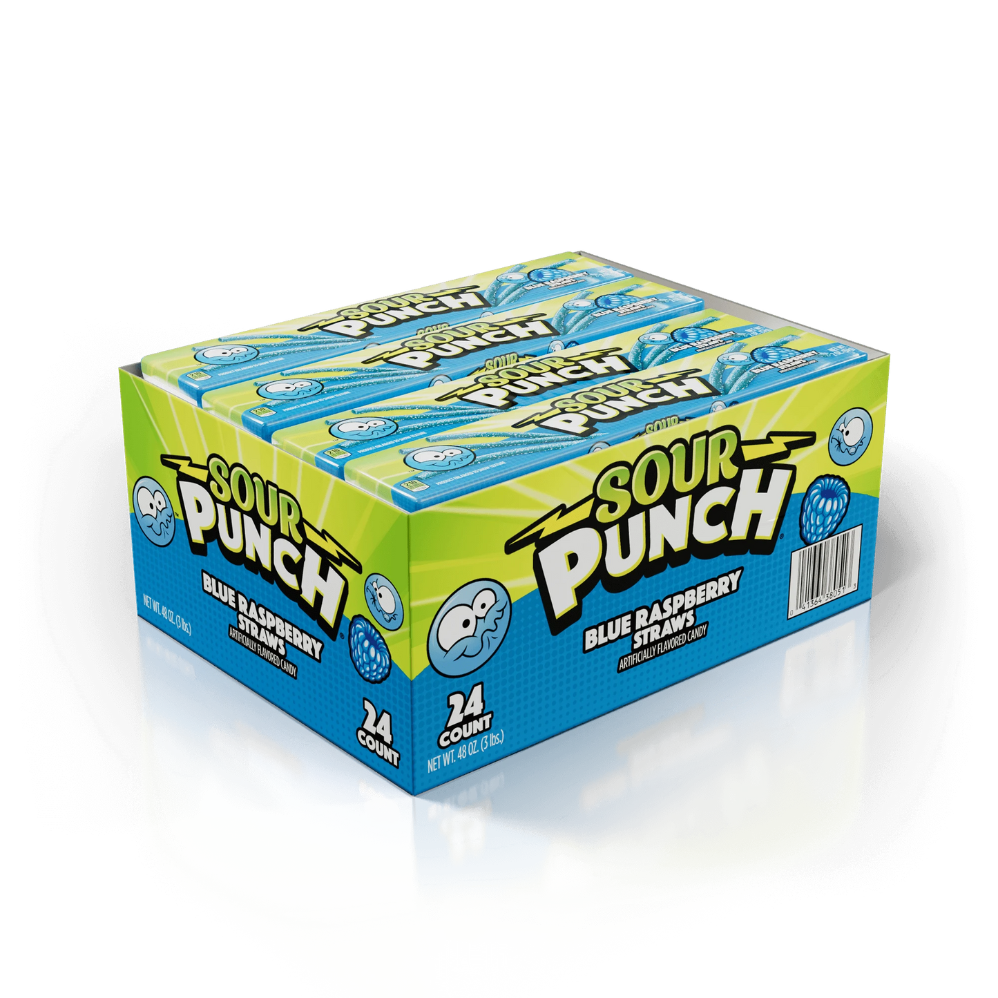 Front of Sour Punch Blue Raspberry Candy Straws 2oz Trays Caddy