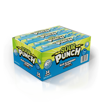 Front of Sour Punch Blue Raspberry Candy Straws 2oz Trays Caddy