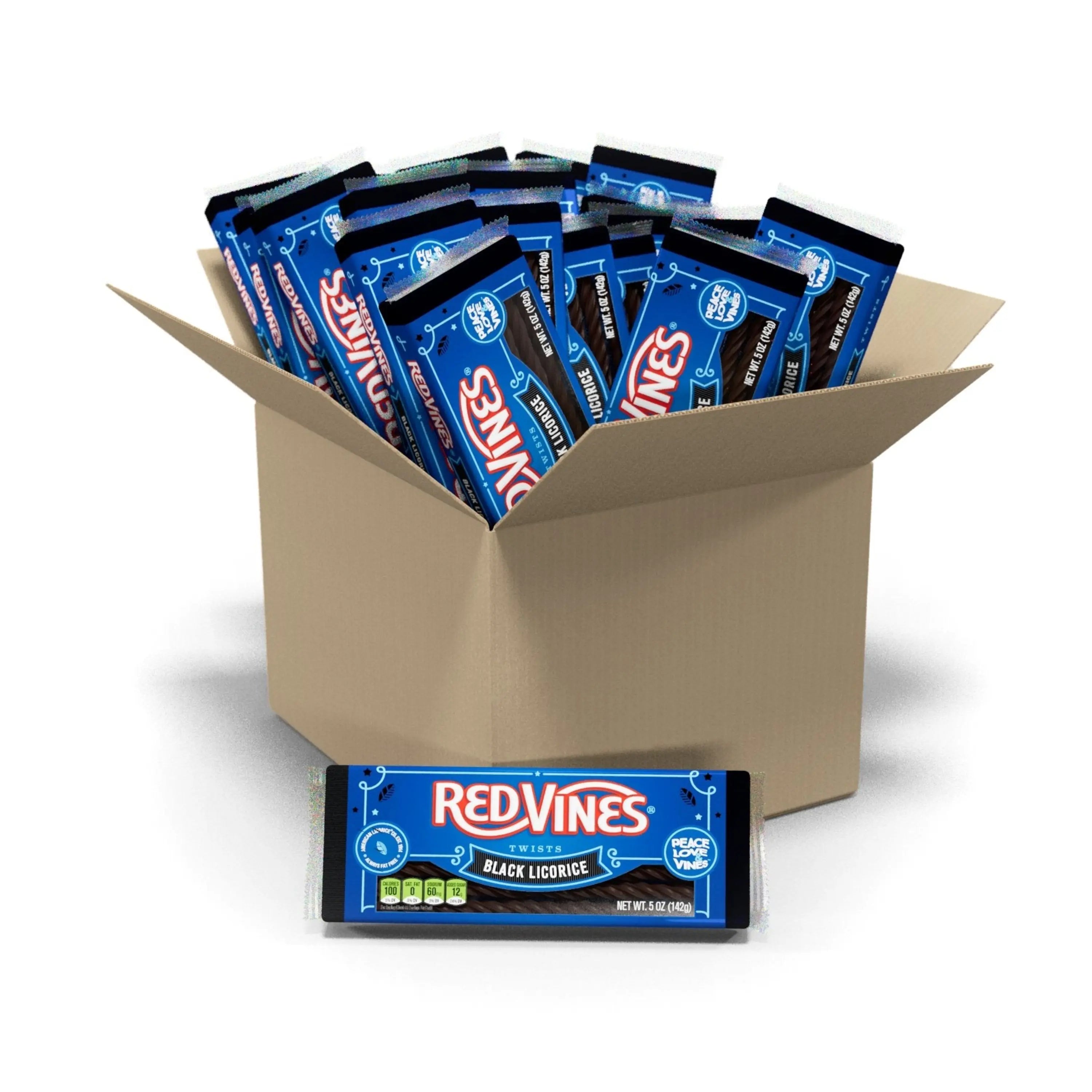 24 count box of RED VINES Black Licorice Twists 5oz Trays