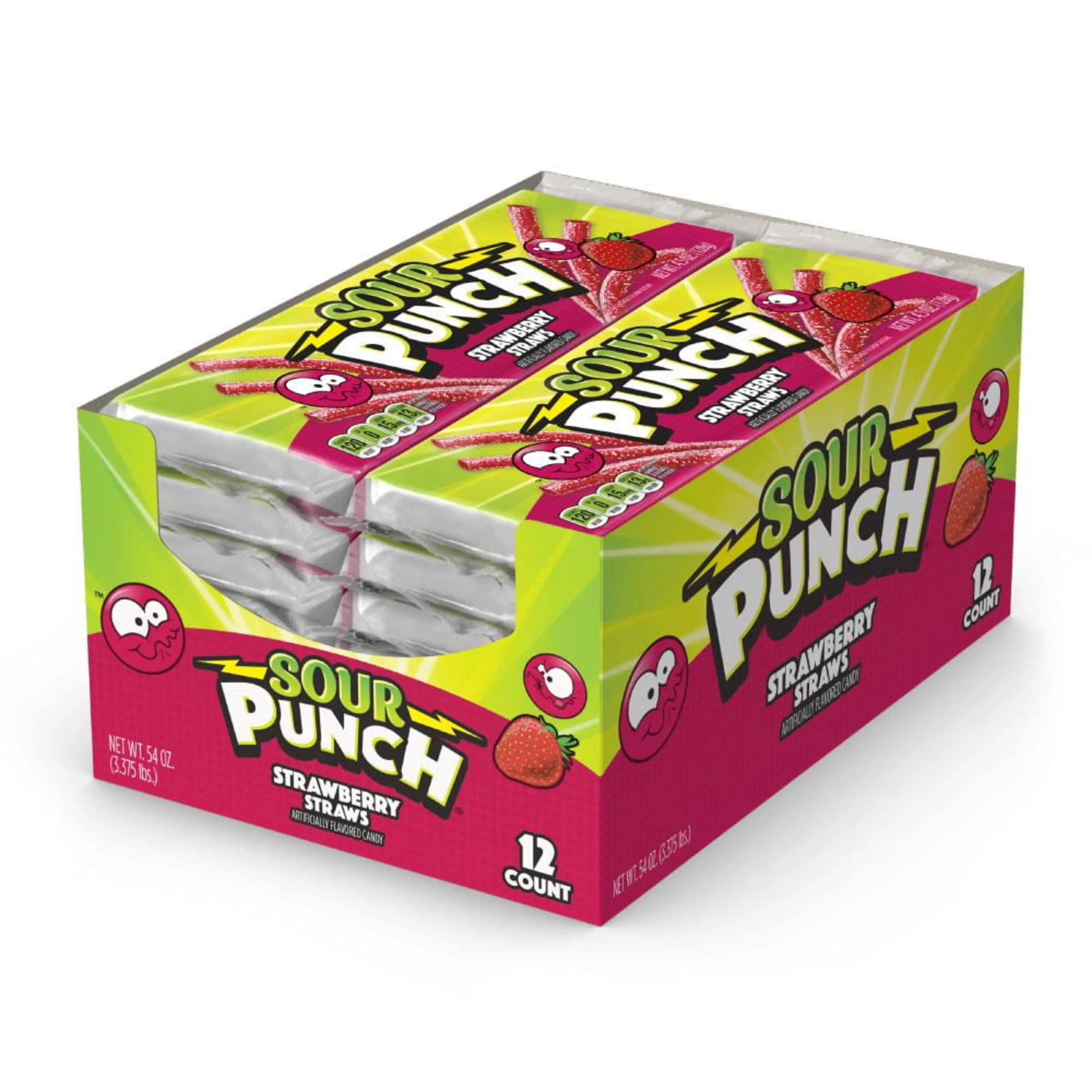 12 count box of Sour Punch Strawberry Straws 4.5oz Trays