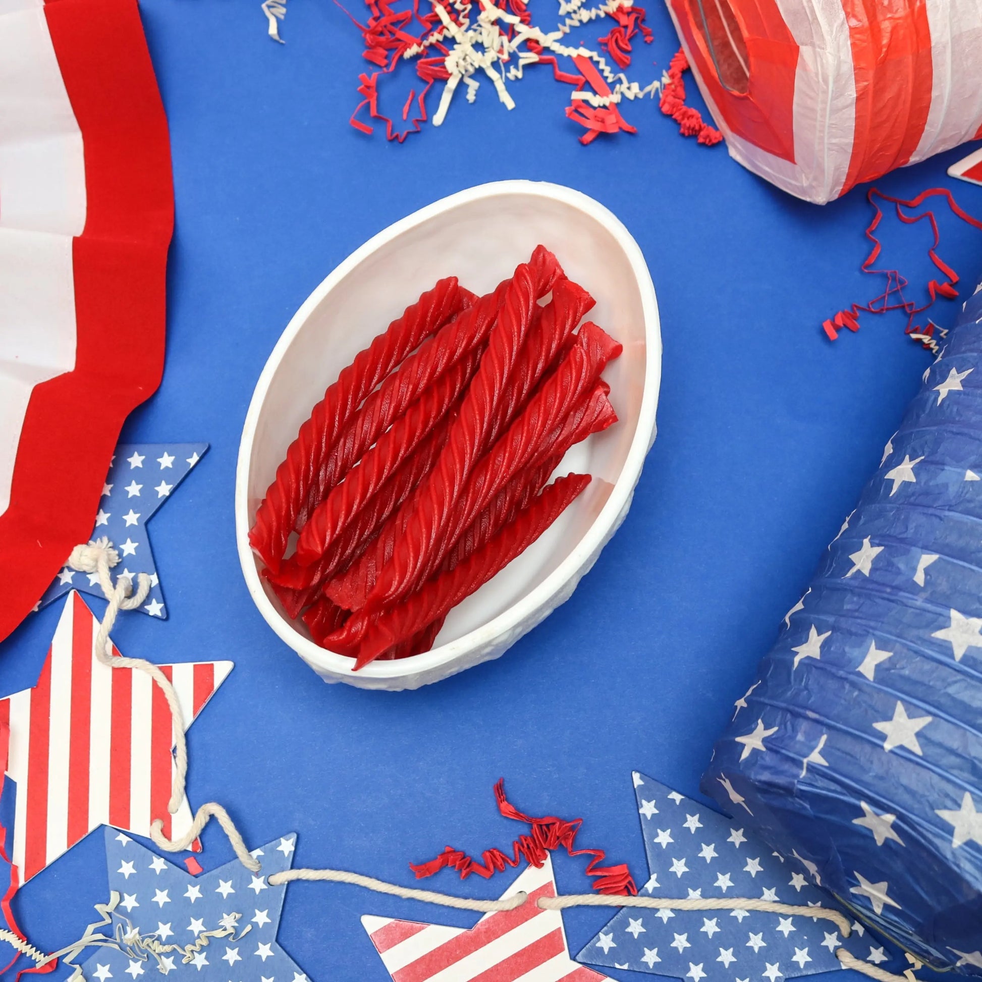 Red Vines Original Red Jumbo Twists in a patriotic scene with red, white and blue decorations