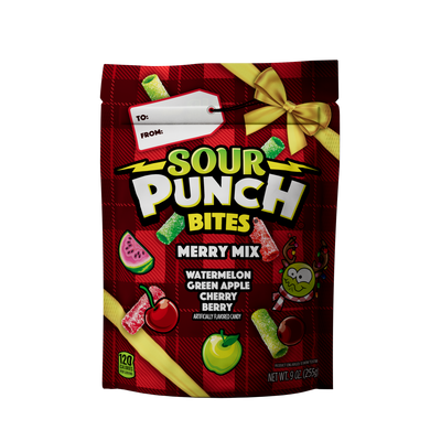 SOUR PUNCH Merry Mix Bites holiday candy - front of festive candy bag