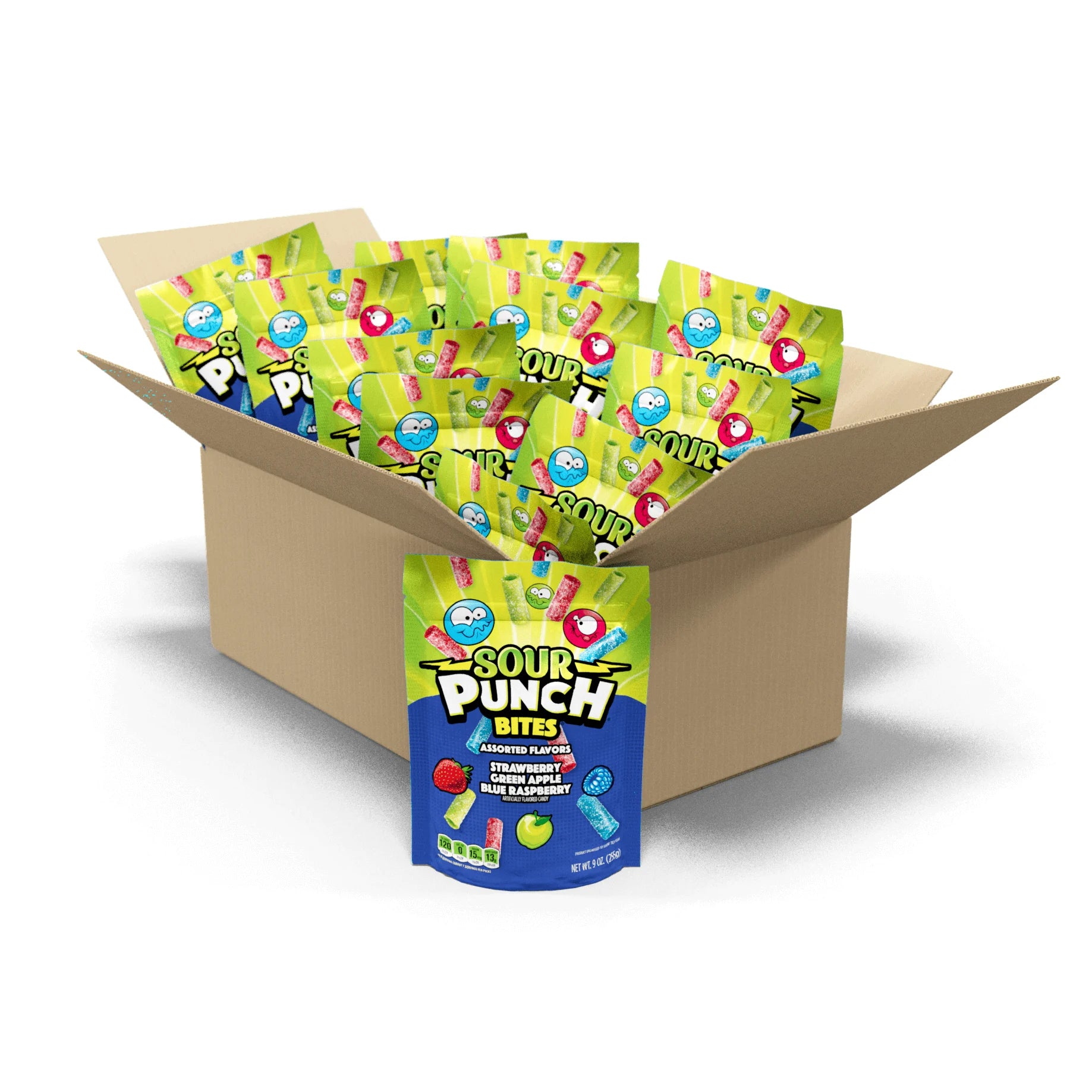 Box filled with 12 Sour Punch Assorted Bites 9oz Share Size Bags