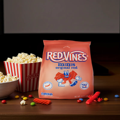 Red Vines Original Red Minis 12oz Bag with popcorn and other movie night snacks