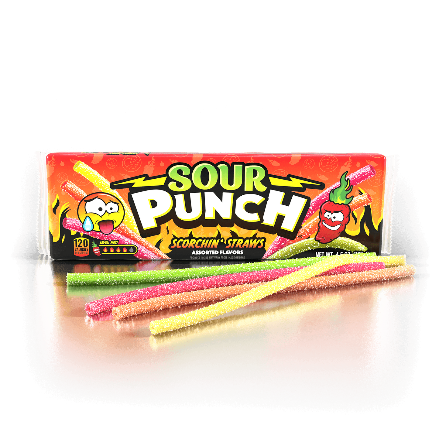 Sour Punch Scorchin' Straws 4.5oz Tray with candy straws in front of tray