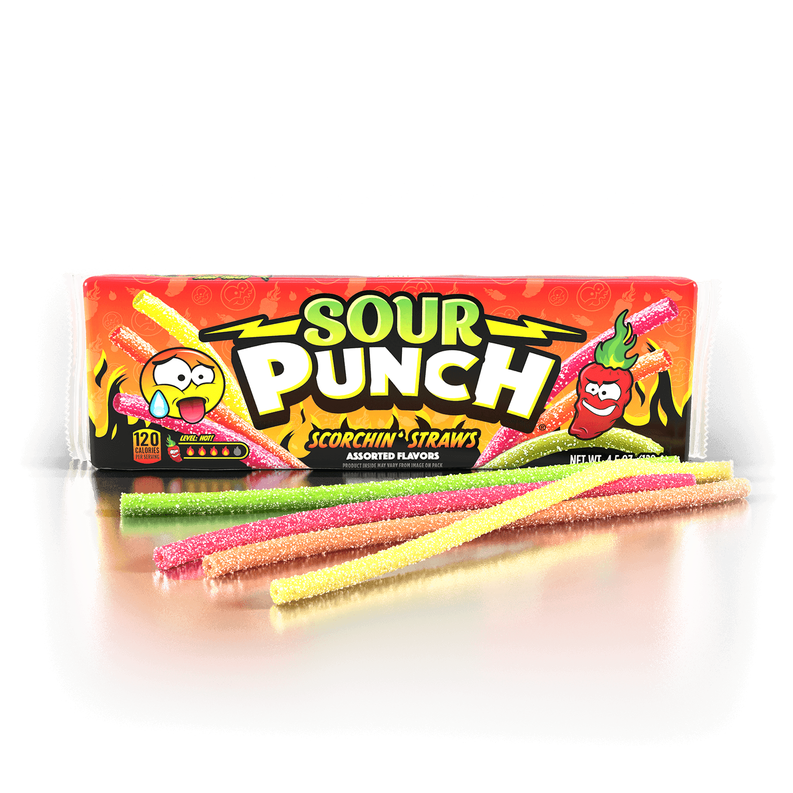 Sour Punch Scorchin' Straws 4.5oz Tray with candy straws in front of tray