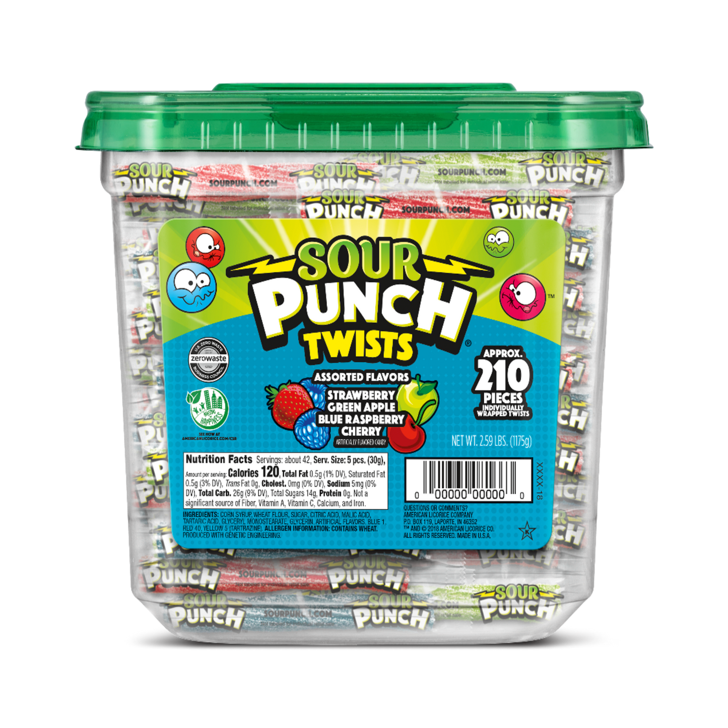 Sour Punch Approximately 210 Individually Wrapped Twists Front of Jar - Sour Twists Candy