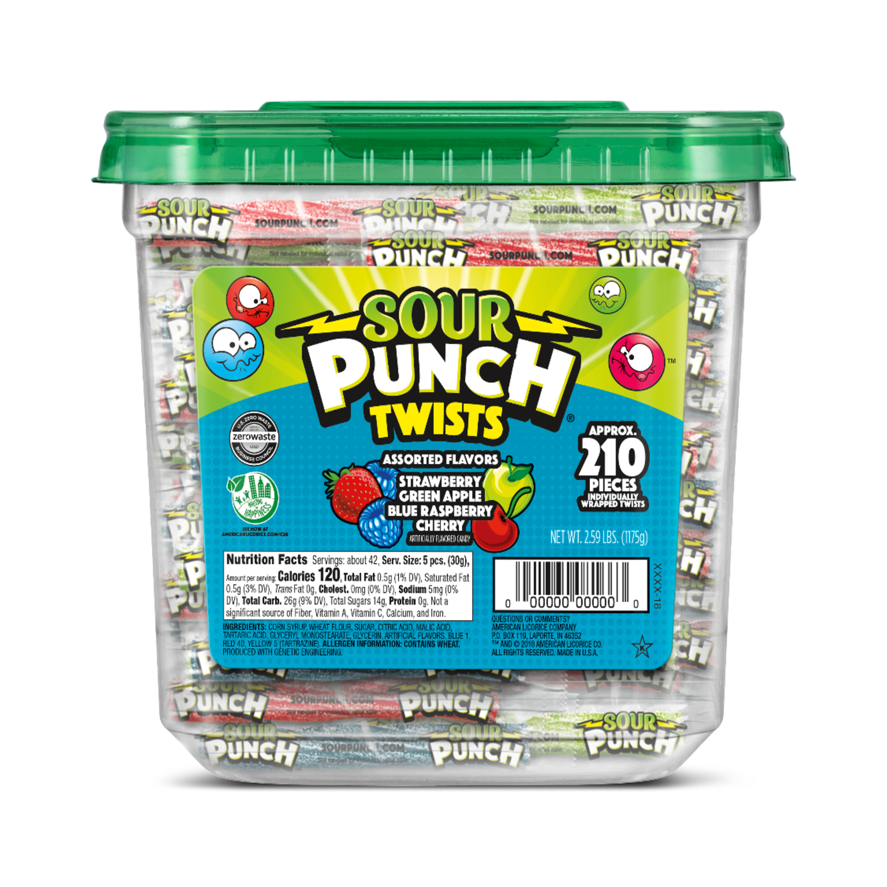 Sour Punch Approximately 210 Individually Wrapped Twists Front of Jar - Sour Twists Candy