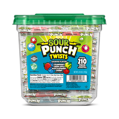 Sour Punch Approximately 210 Individually Wrapped Twists Front of Jar - Sour Twists Candy