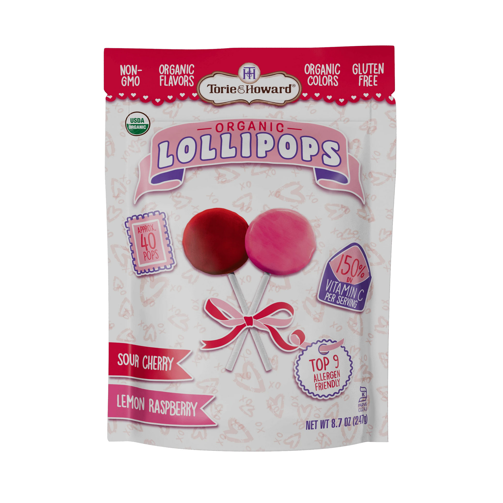 Organic Valentine's Candy Lollipops by Torie & Howard - Front of 8.7oz Bag