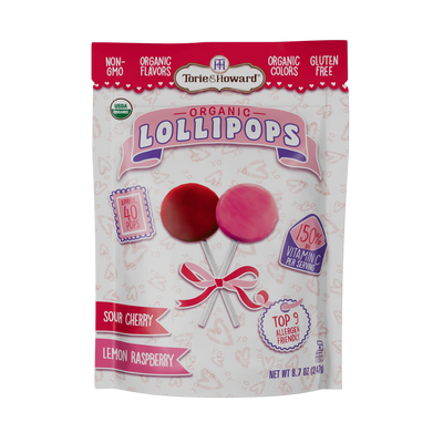 Organic Valentine's Candy Lollipops by Torie & Howard - Front of 8.7oz Bag