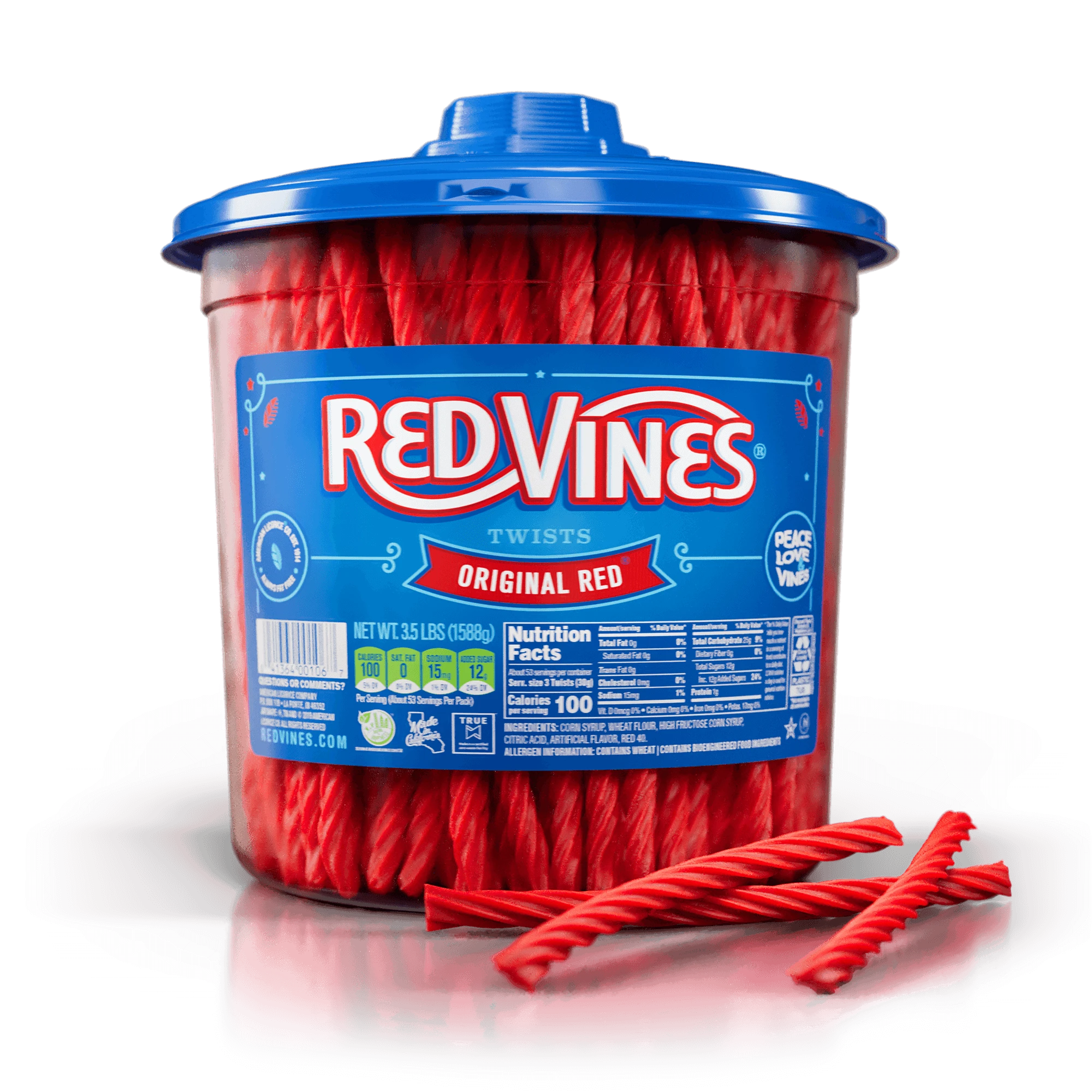 3.5lb Jar of Red Vines Original Red Candy with licorice twists piled in front