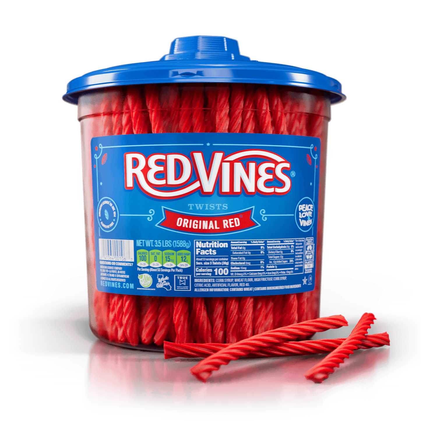 3.5lb Jar of Red Vines Original Red Candy with licorice twists piled in front