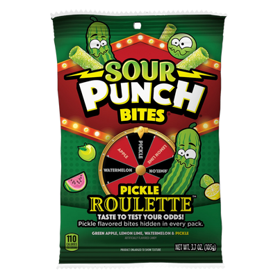 Front of Sour Punch Bites Pickle Roulette 3.7oz packaging with green pickles and colorful text on a green background