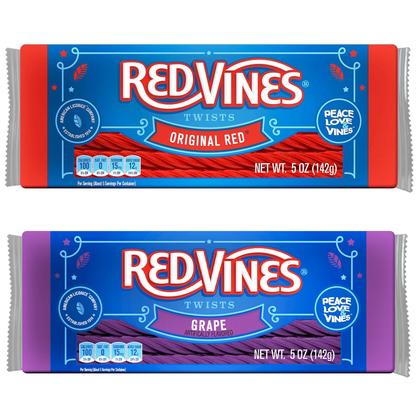 Front of Red Vines Original Red Twists and Grape Twists 5oz trays