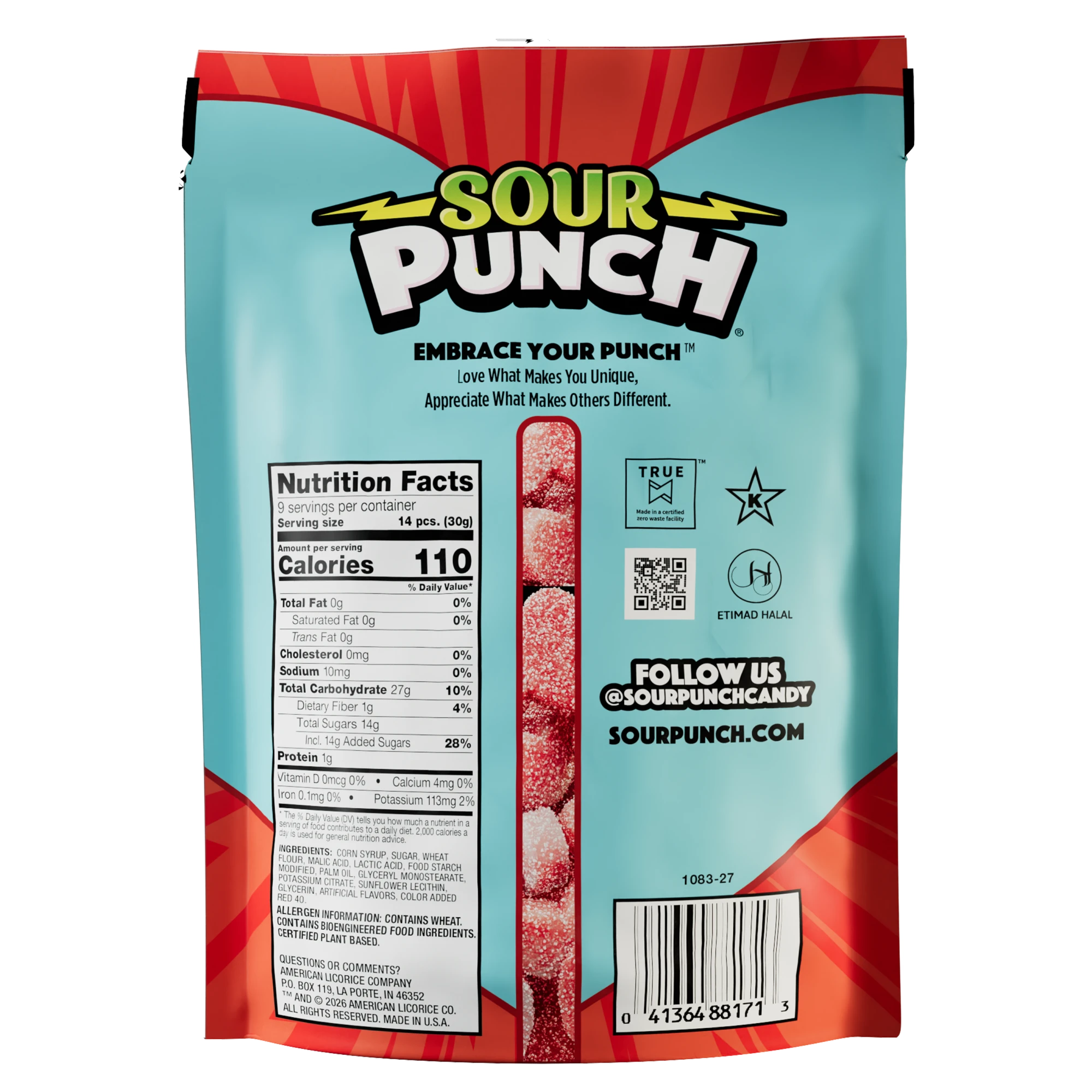 Back of Sour Punch Hearts Valentine's Day Candy 9oz Bag