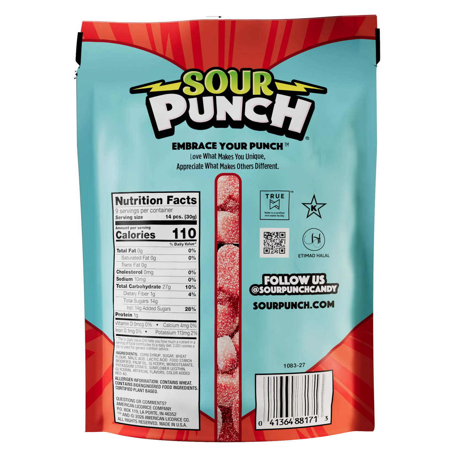 Back of Sour Punch Hearts Valentine's Day Candy 9oz Bag