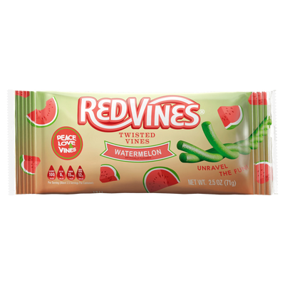 Front of Red Vines Watermelon Twisted Vines 2.5oz Bag