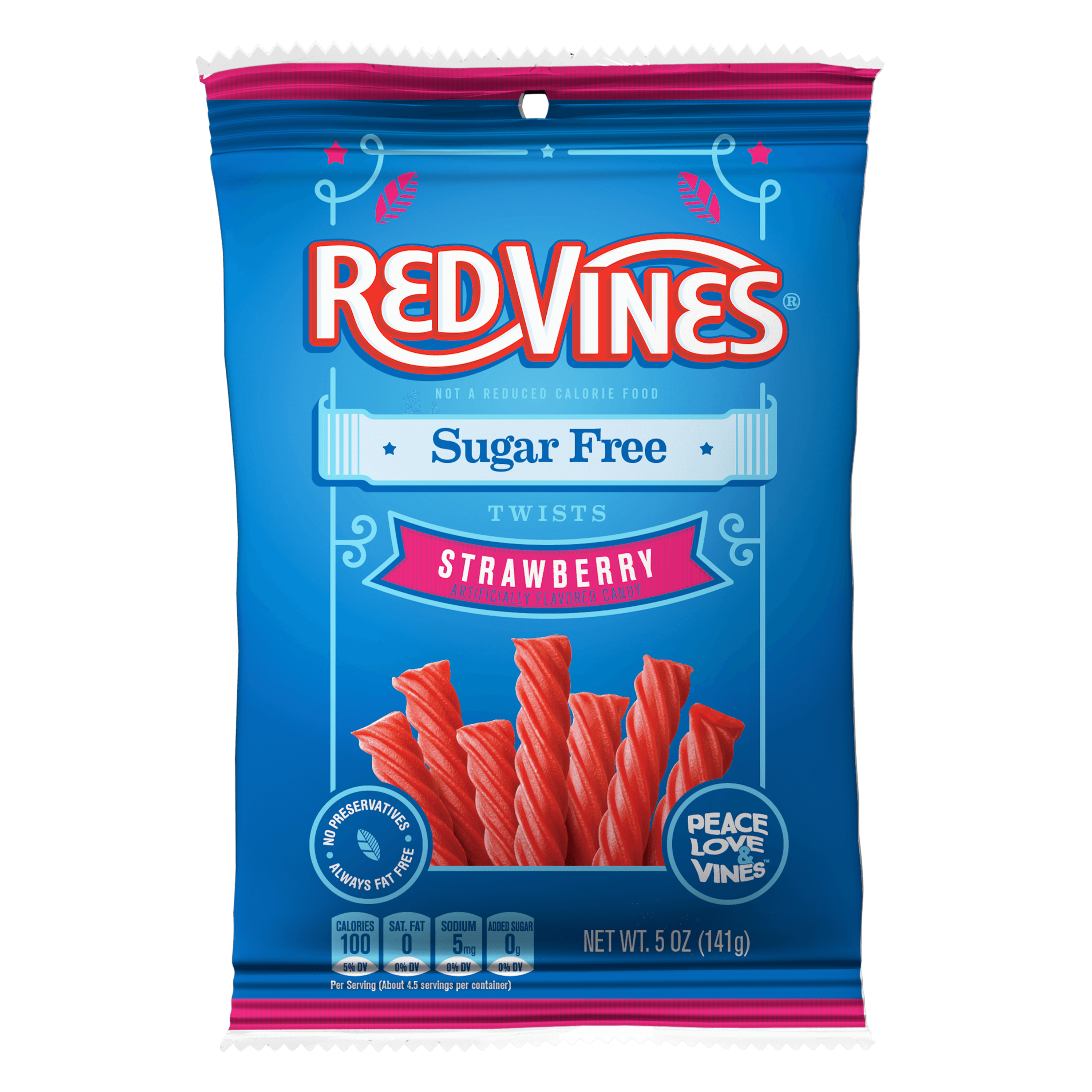 Front of RED VINES Sugar Free Strawberry Licorice Twists 5oz bag