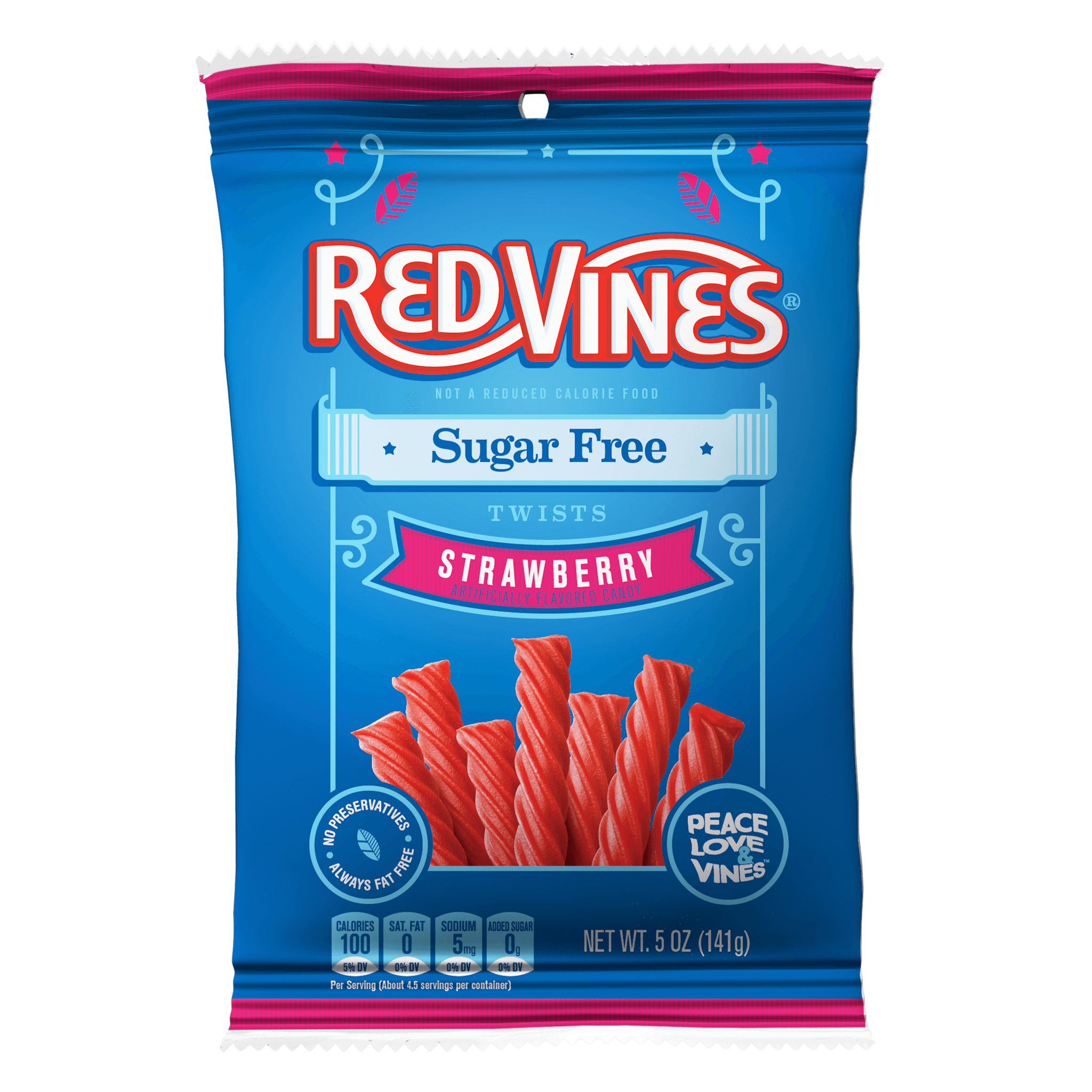 Front of RED VINES Sugar Free Strawberry Licorice Twists 5oz bag