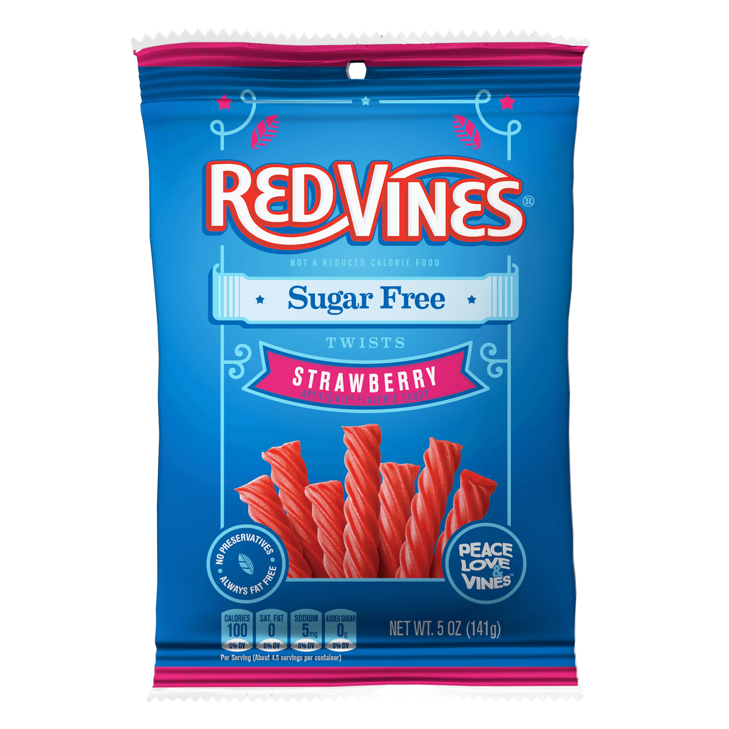 Front of RED VINES Sugar Free Strawberry Licorice Twists 5oz bag