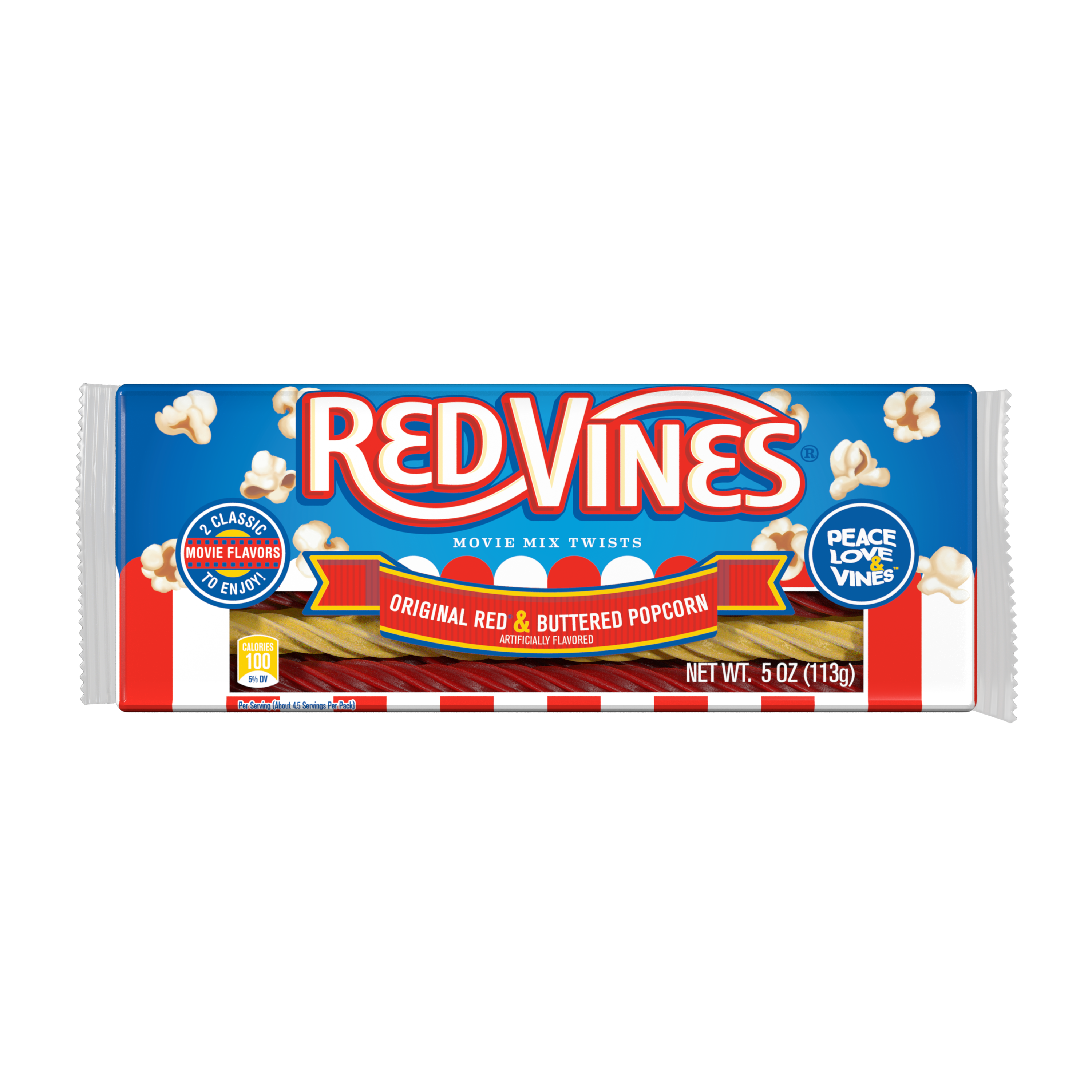 Front of Red Vines Buttered Popcorn & Original Red Twists 5oz Tray