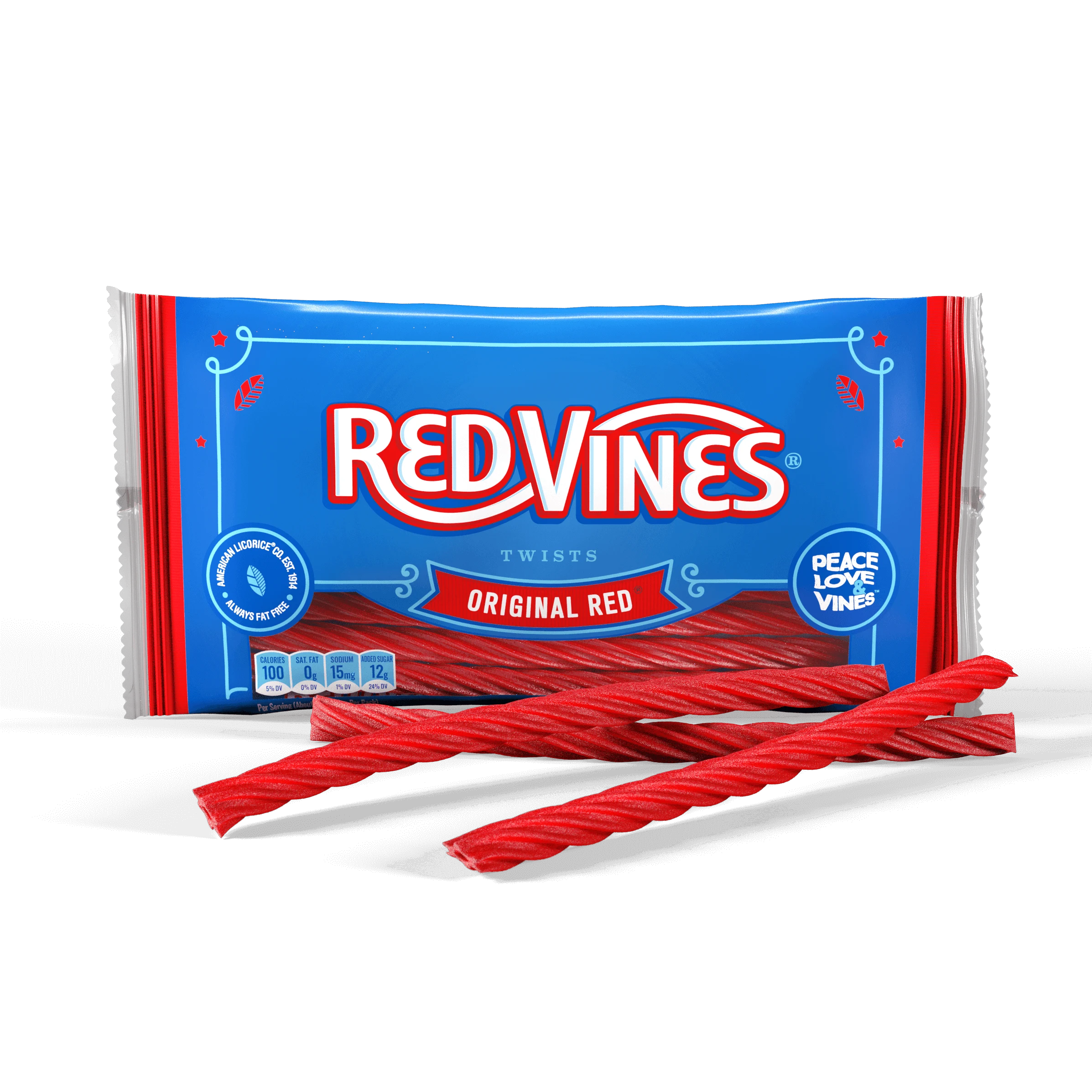 RED VINES Original Red licorice twists with candy in front