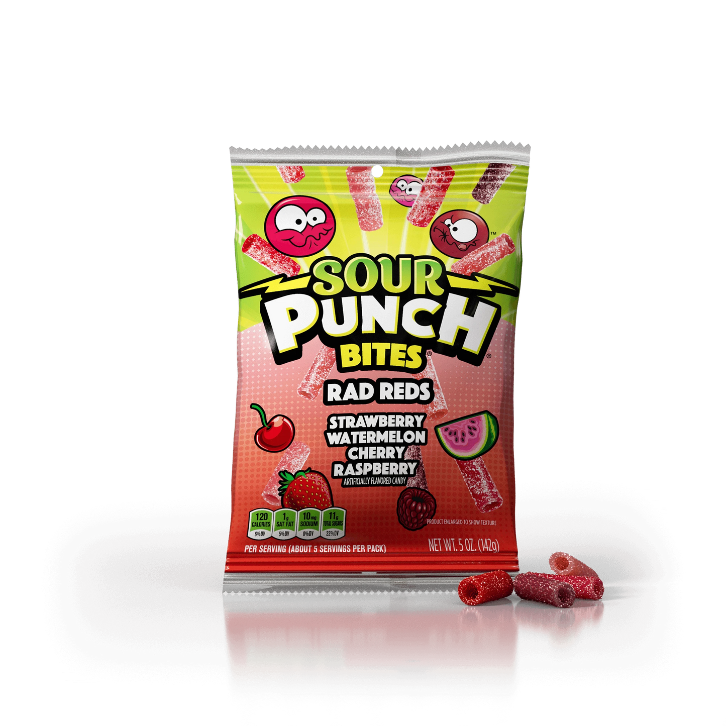 Sour Punch Rad Reds bag with red Strawberry, Watermelon, Cherry, and Raspberry sour bites in front