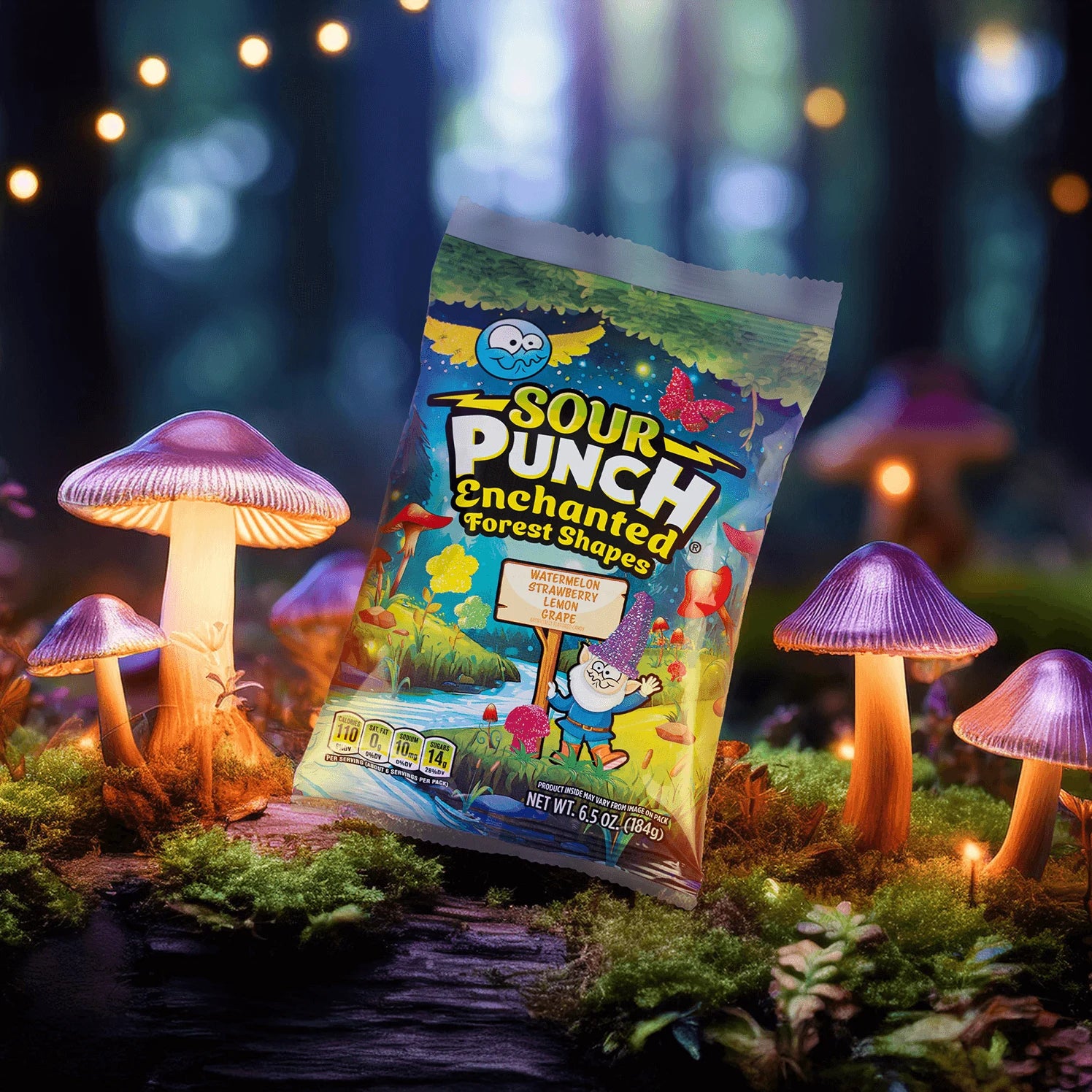 Close up of Sour Punch Enchanted Forest Shapes Candy Bag in a magical forest setting