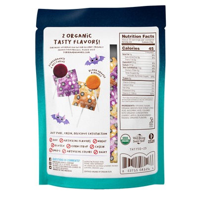 Organic Halloween Candy Lollipops by Torie & Howard - Back of 8.7oz Bag