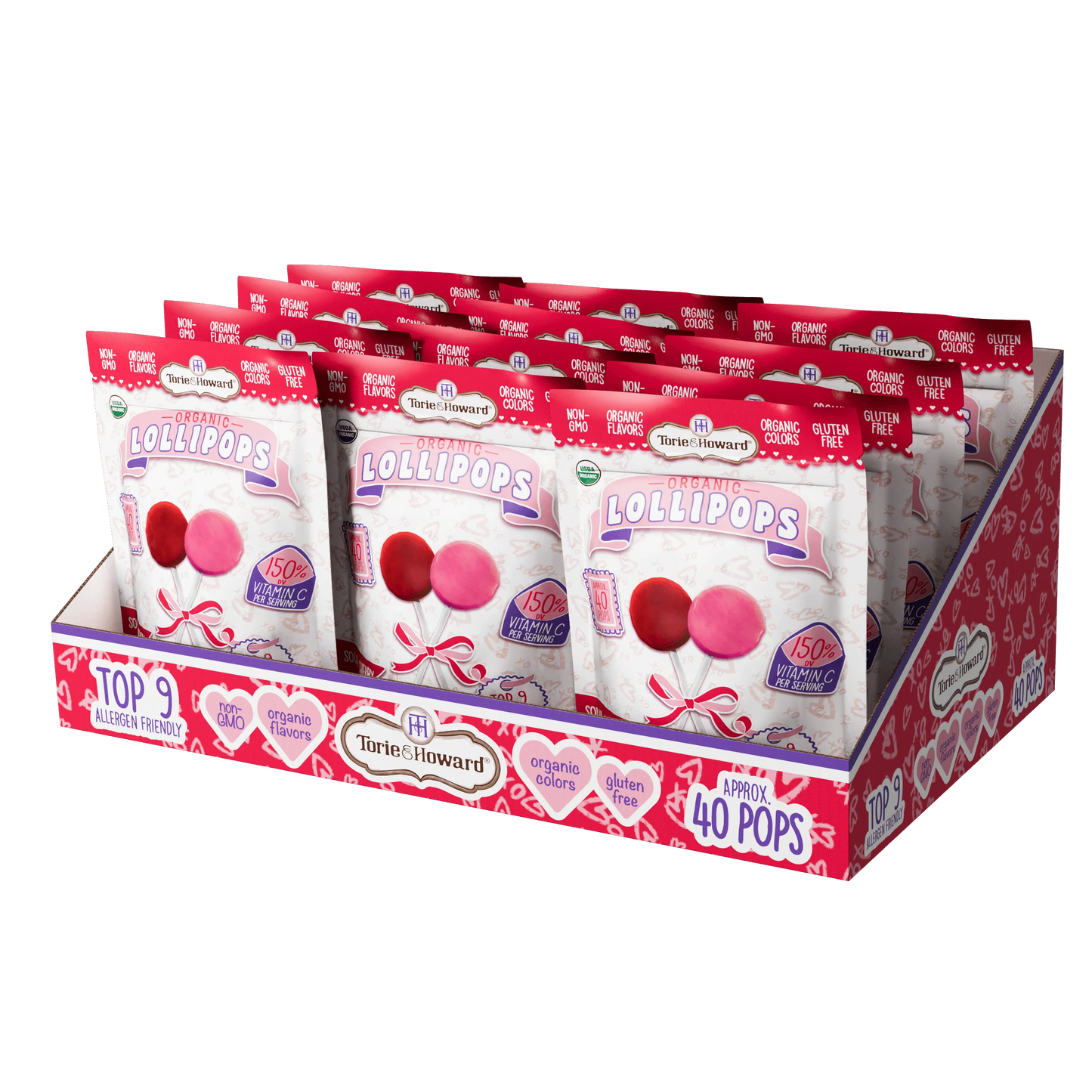 12 Pack of Torie & Howard Organic Valentine's Candy Lollipops 8.7oz Bags