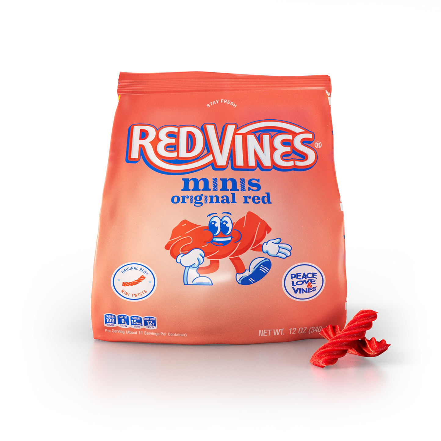 Red Vines Original Red Minis 12oz Bag with raw mini licorice twists in front