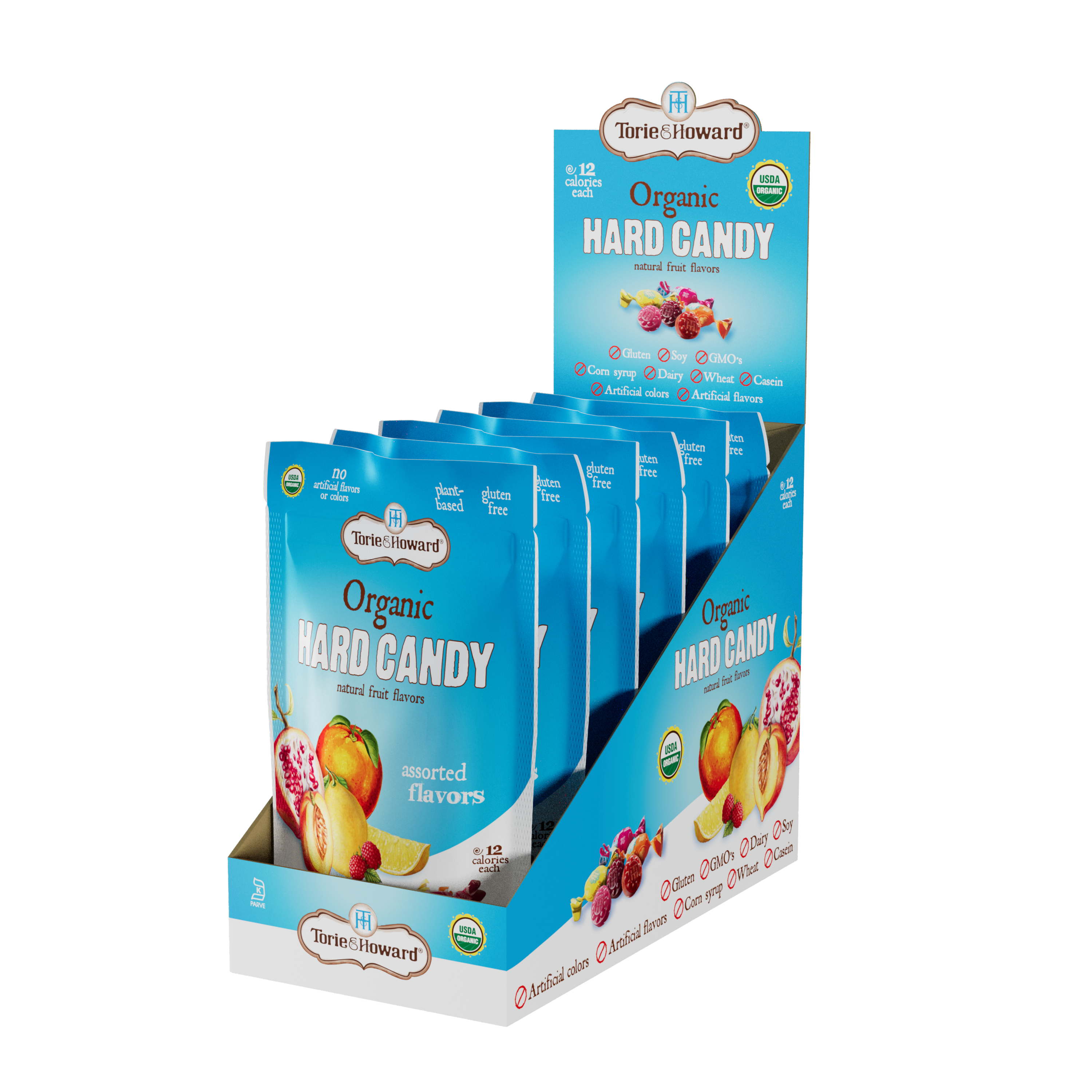 Torie & Howard Assorted Organic Hard Candy side view of 6-pack caddy