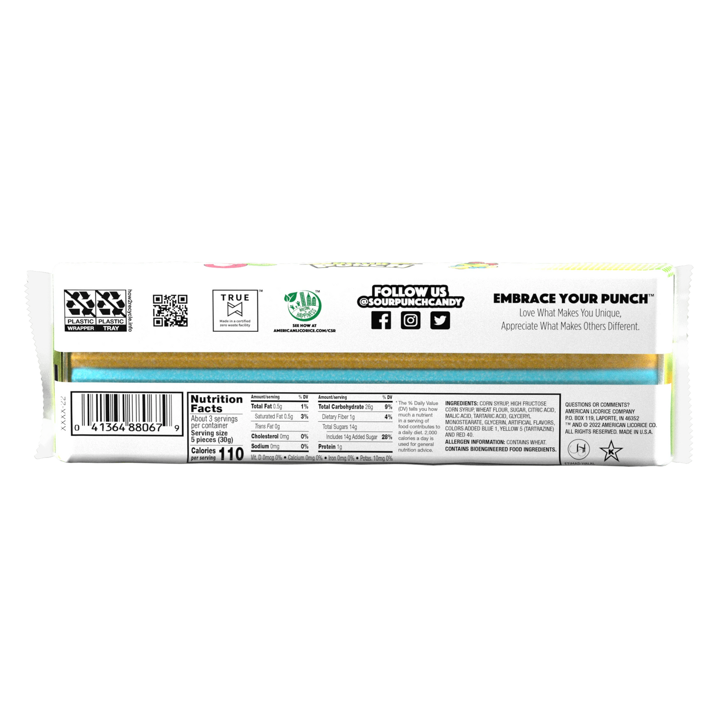 Back of Sour Punch Rainbow Straws 3.2oz packaging with labels and text