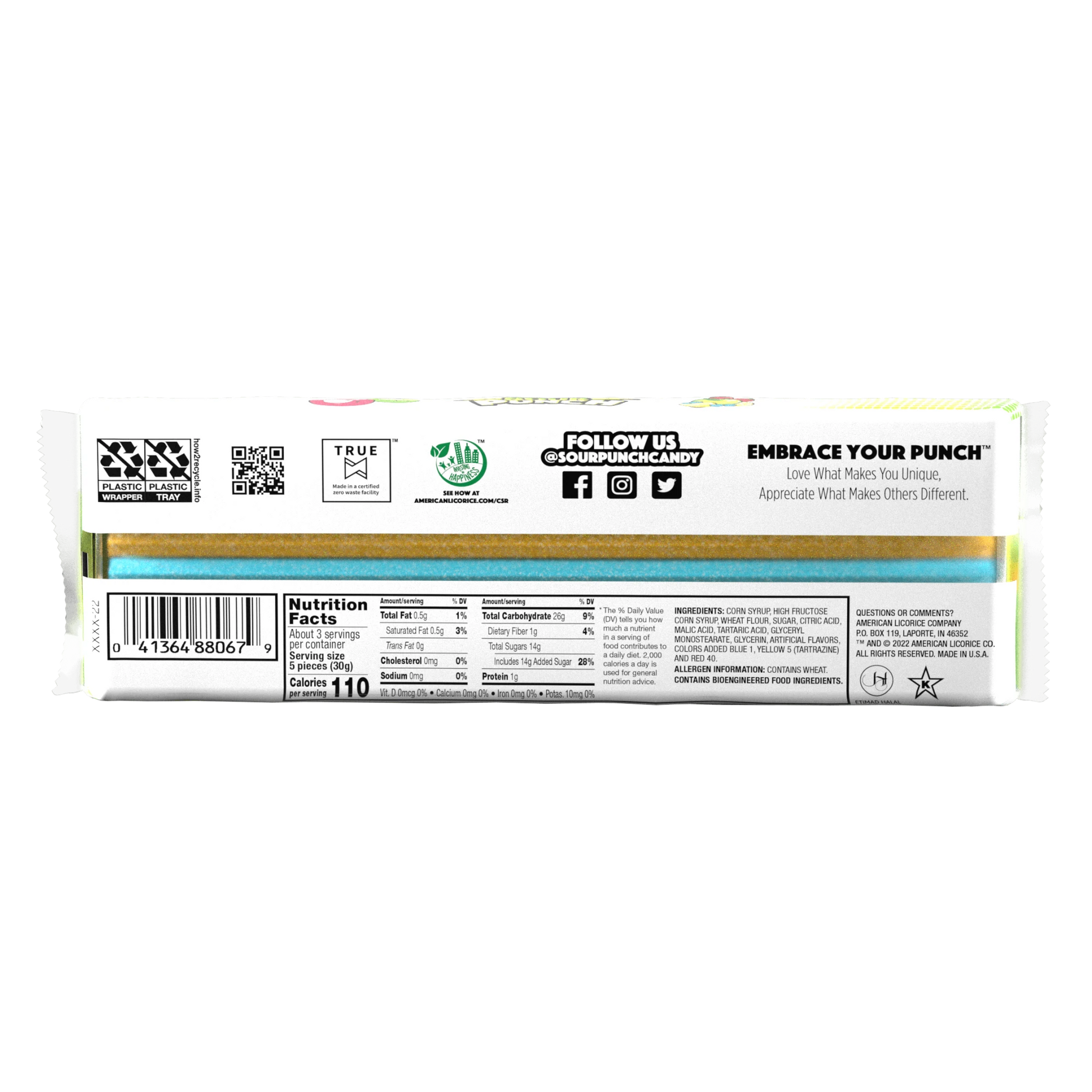 Back of Sour Punch Rainbow Straws 3.2oz packaging with labels and text