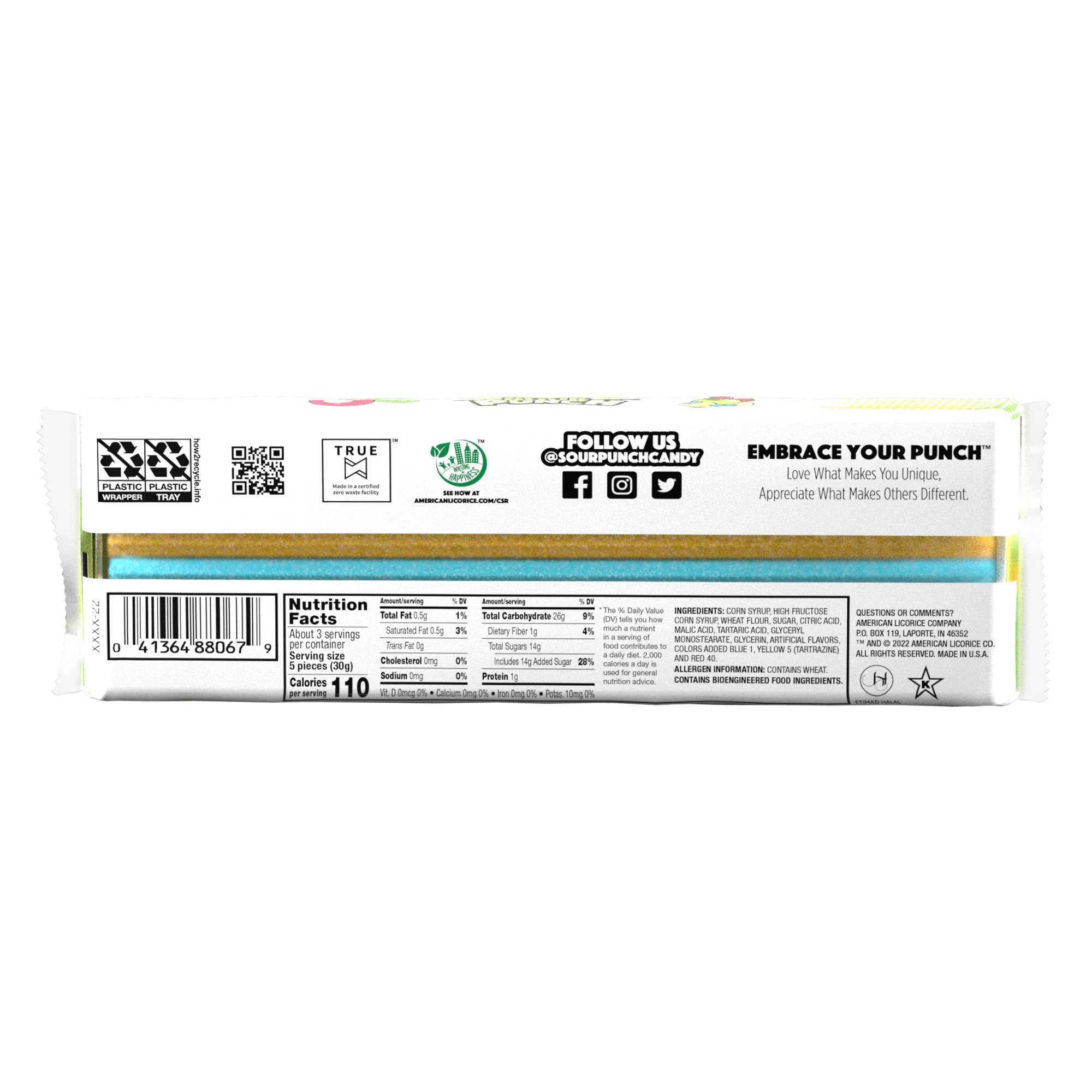 Back of Sour Punch Rainbow Straws 3.2oz packaging with labels and text