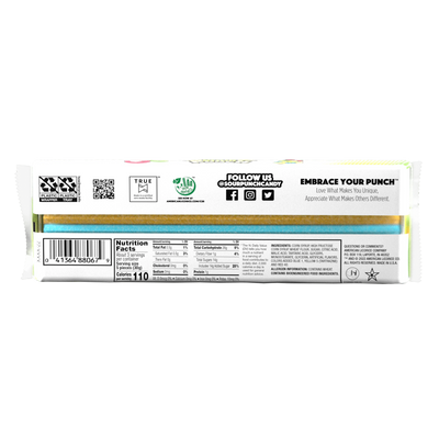 Back of Sour Punch Rainbow Straws 3.2oz packaging with labels and text