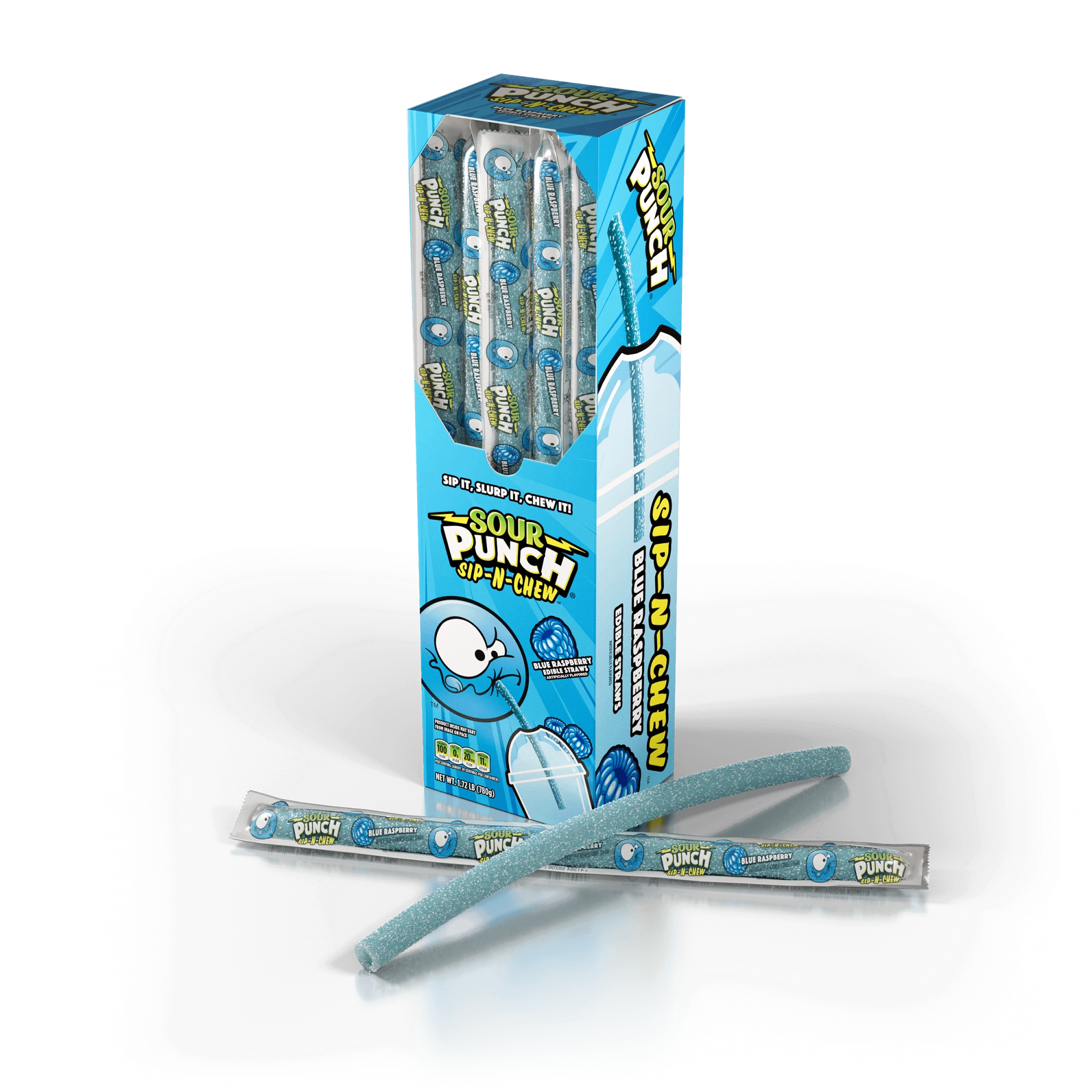 Caddy of Sour Punch Blue Raspberry Sip-N-Chew Straws with a wrapped candy piece and raw candy piece in front