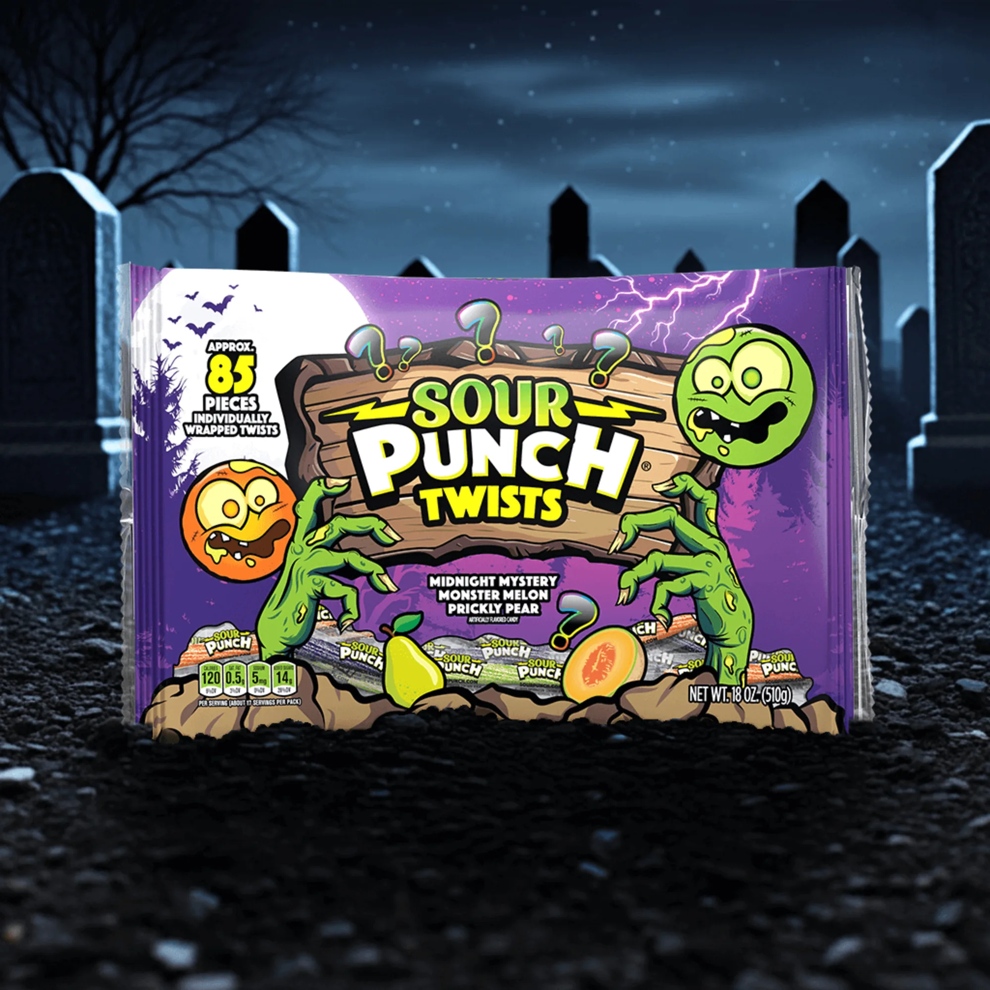 Sour Punch Twists candy package with Halloween-themed design on a dark background