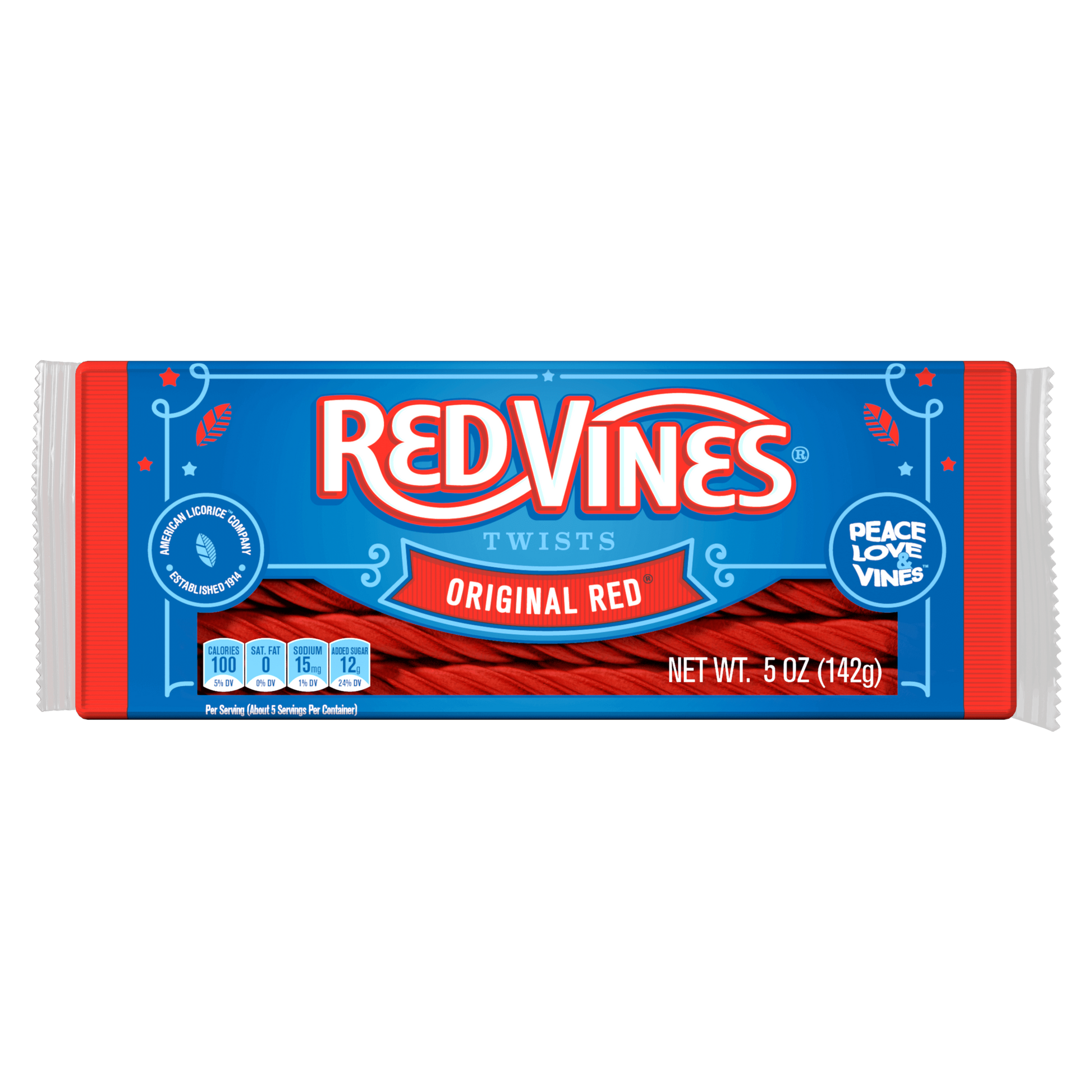 RED VINES Original Red Licorice Twists, front of 5oz tray