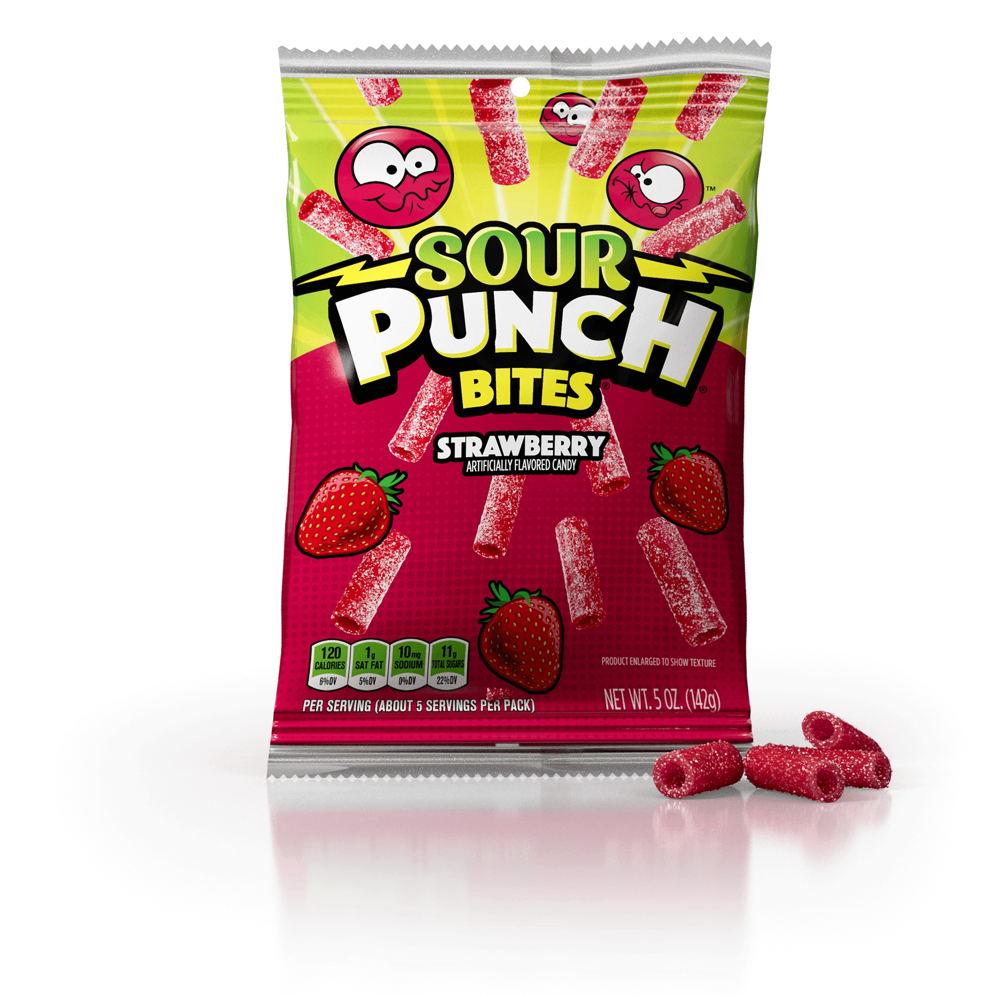 Sour Punch Strawberry Bites Bag with sour red candy bites in front