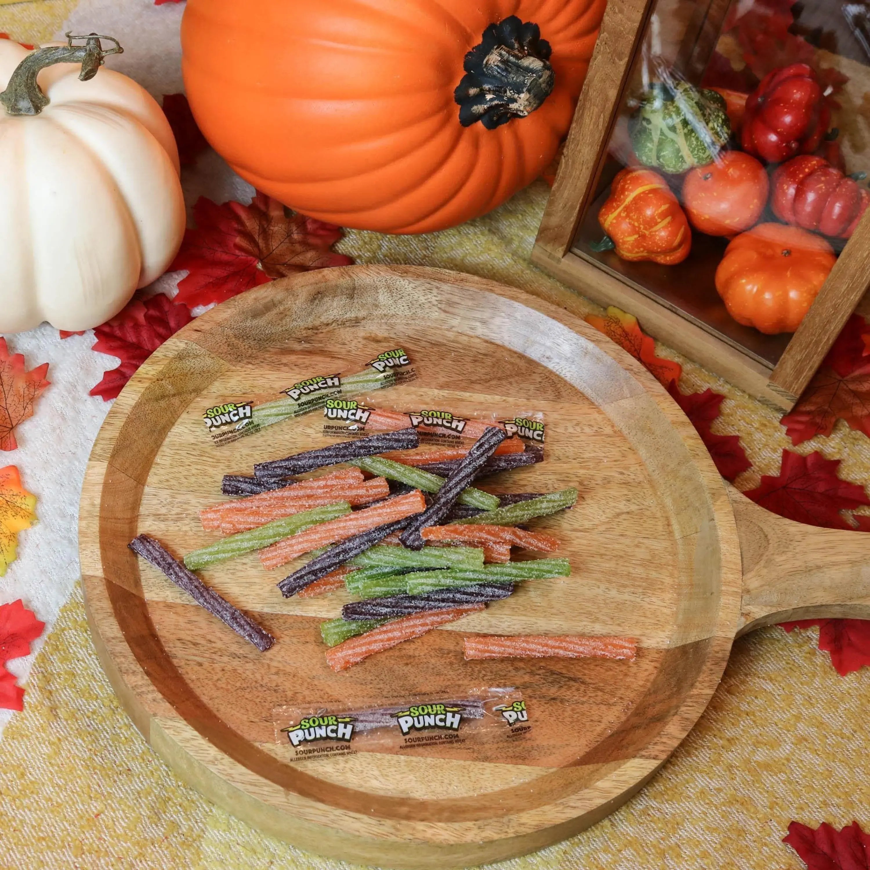 SOUR PUNCH Individually Wrapped Halloween Candy Twists on a fall platter