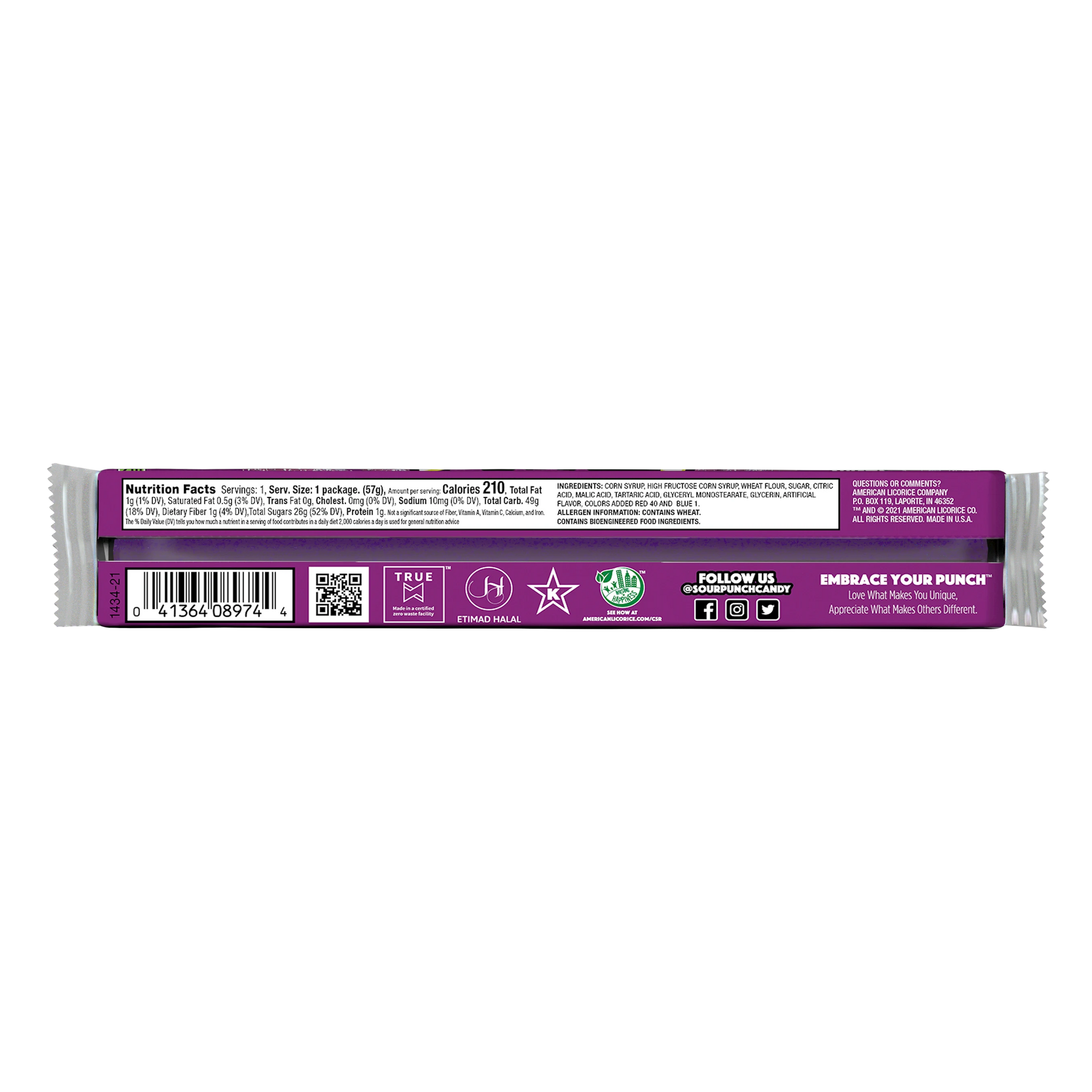 Back of Sour Punch Grape Candy Straws 2oz Tray